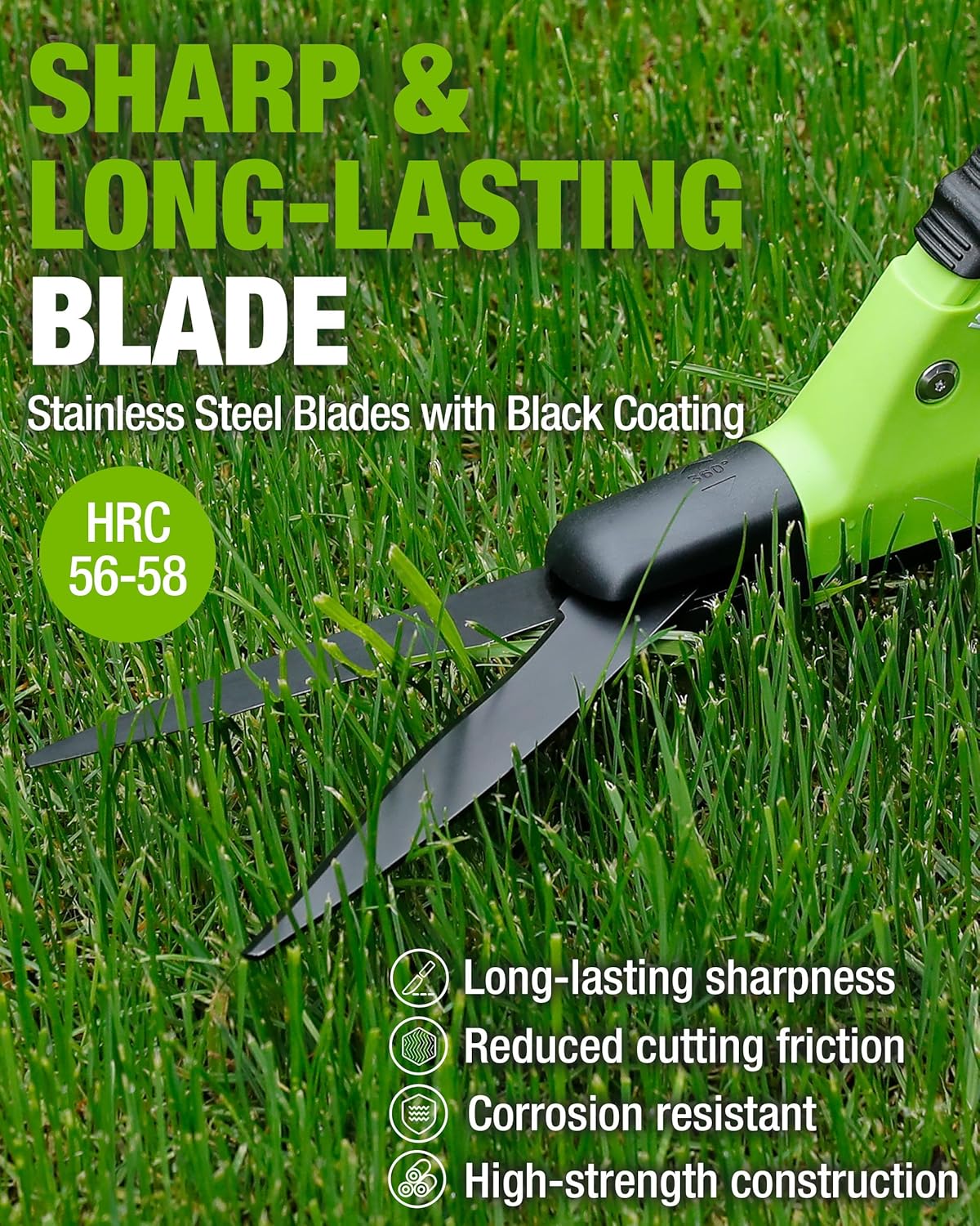 WORKPRO grass shears with black-coated stainless steel blades on lime-green housing
