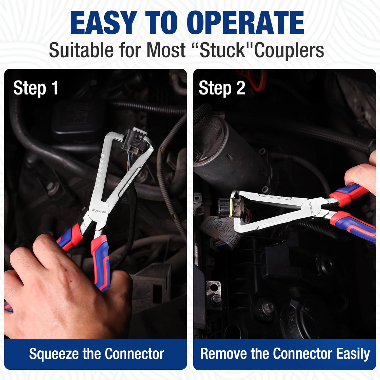 Electrical disconnect pliers pulling a stuck connector with red/blue ergonomic grips