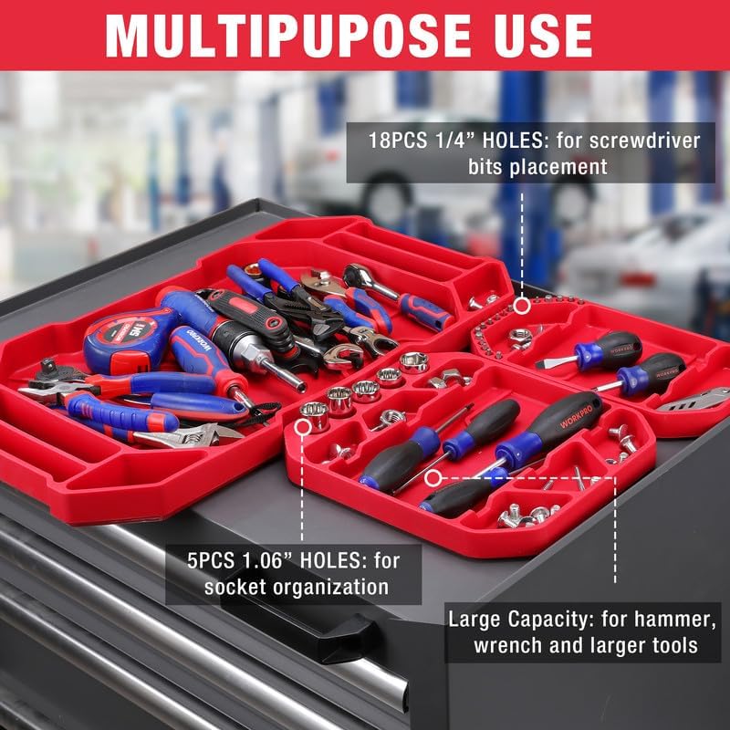 Red tool organizer tray set with molded holes for screwdrivers and sockets