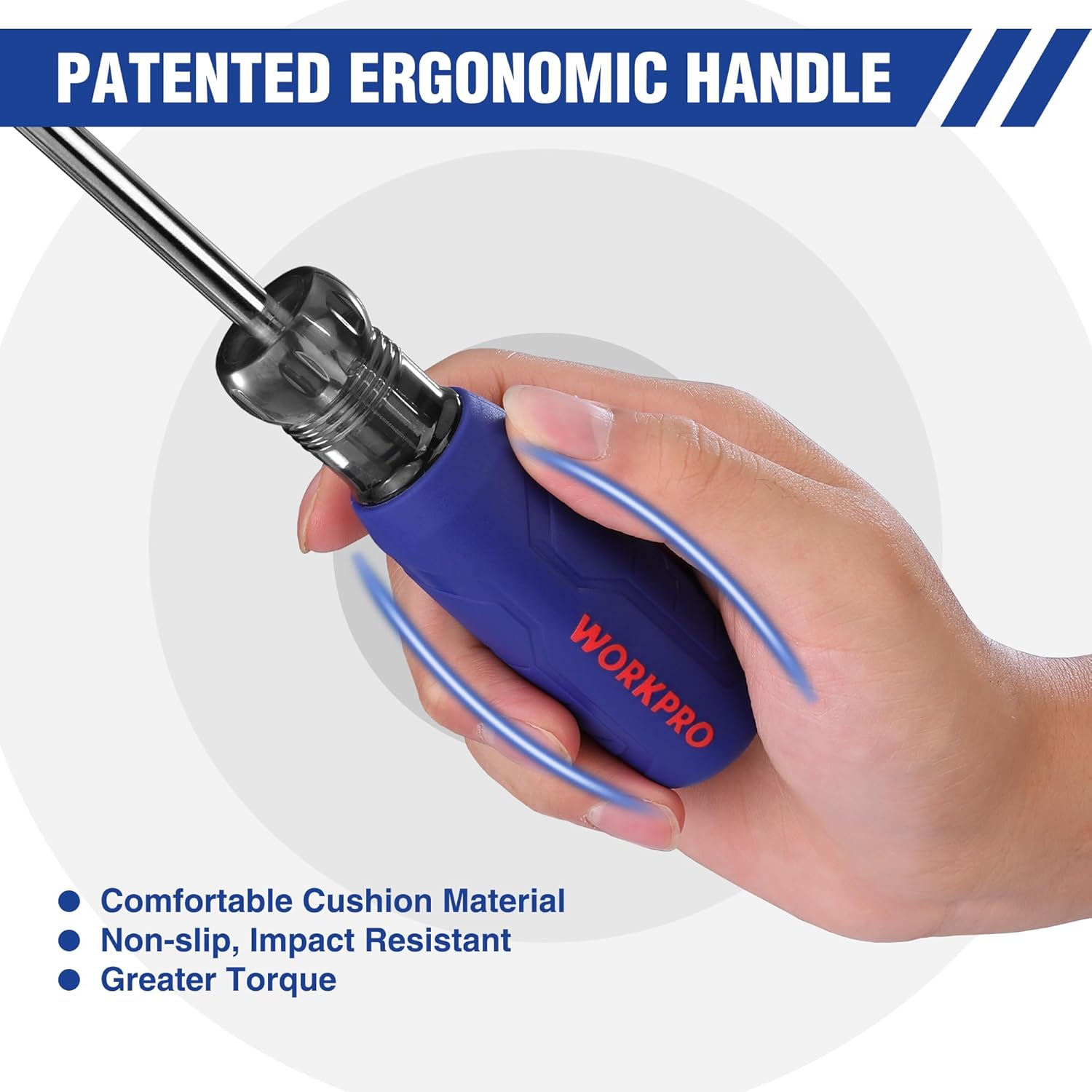 Ergonomic screwdriver bit holder with blue cushioned handle and magnetic shank.