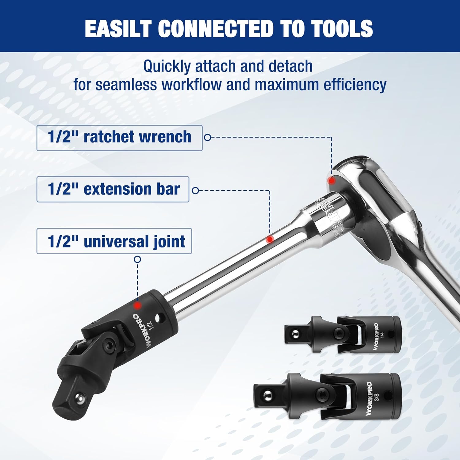 Universal joint adapter connected to 1/2 in ratchet and extension bar, black