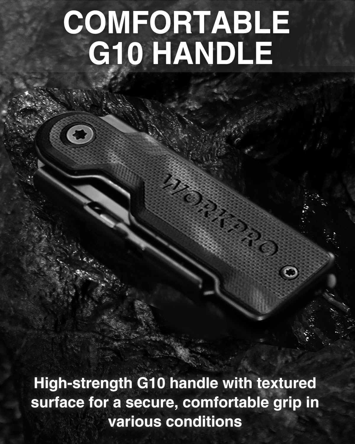 Black textured G10 handle folding utility knife with secure grip and folding joint
