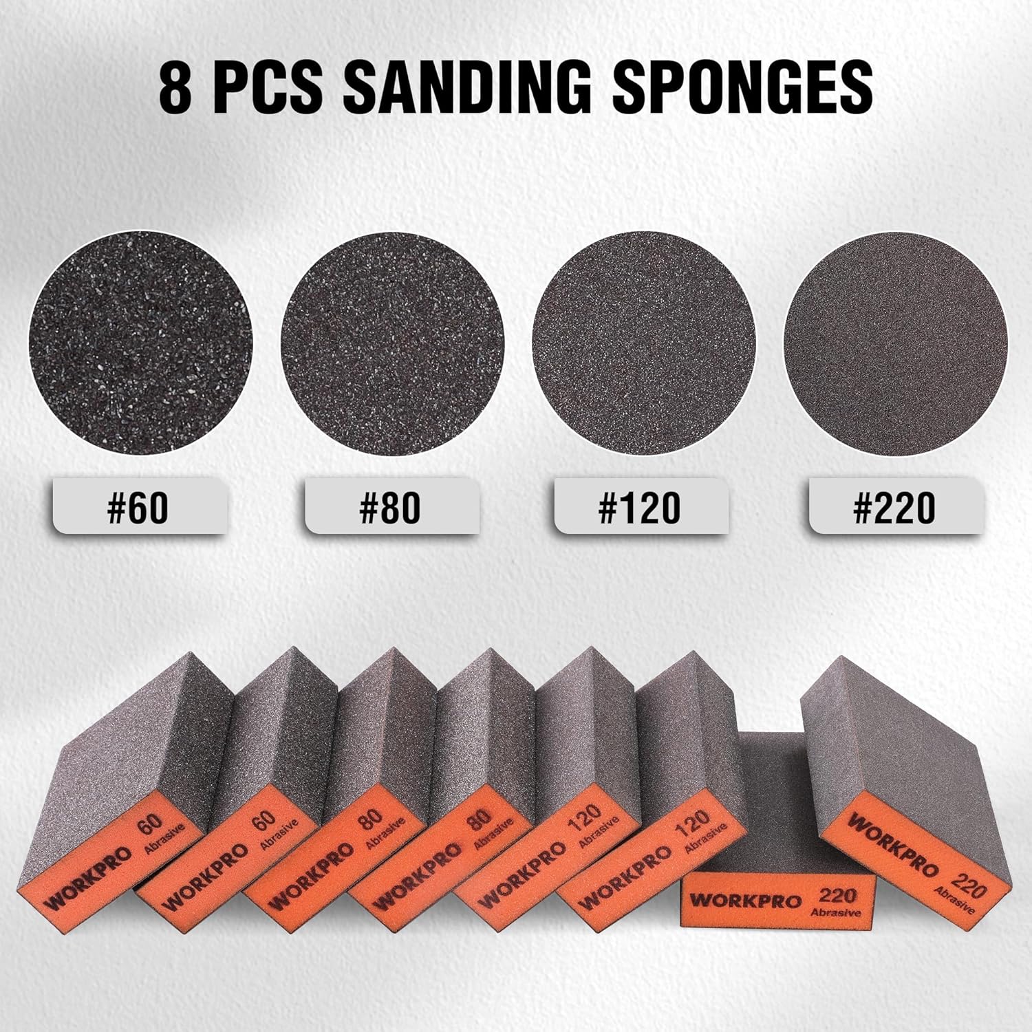 WORKPRO sanding sponges pack, round grits shown: #60, #80, #120, #220