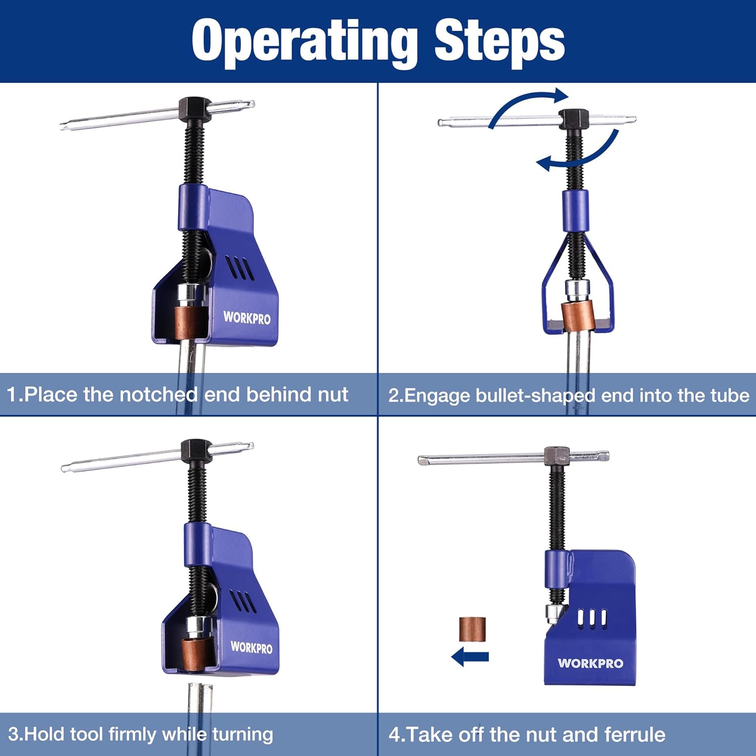Blue compression sleeve puller with threaded screw and cross bar during use steps