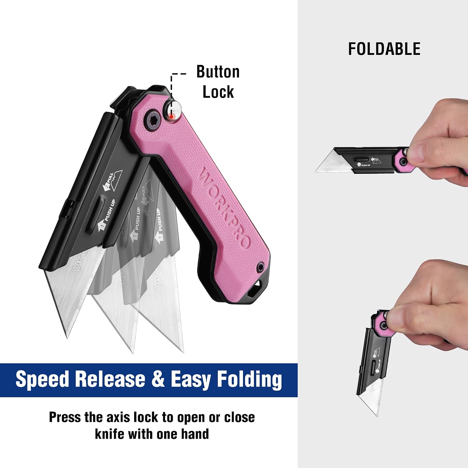 Pink and black folding utility knife with button lock for one-hand open and close.