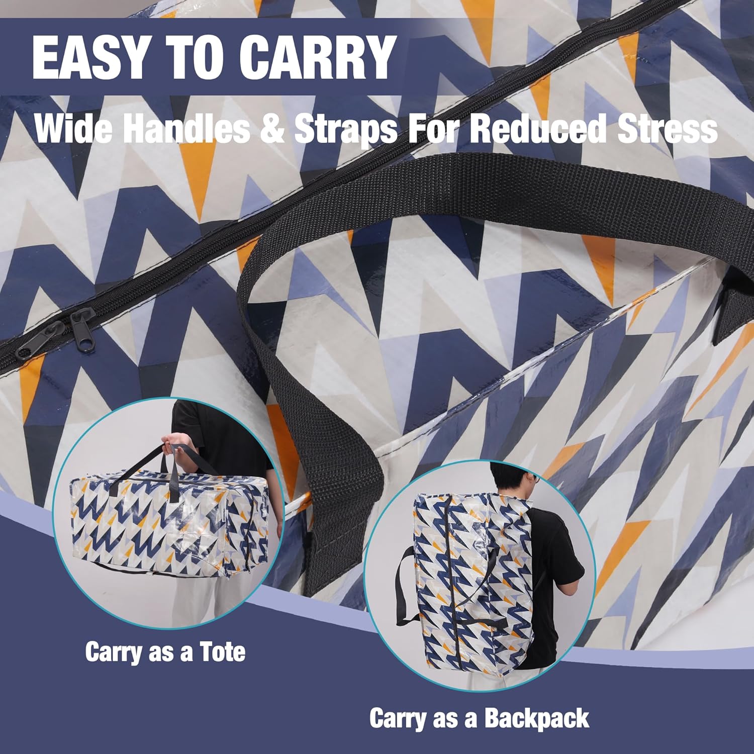 Extra large moving bag with wide webbing handles and straps, zigzag alphabet print