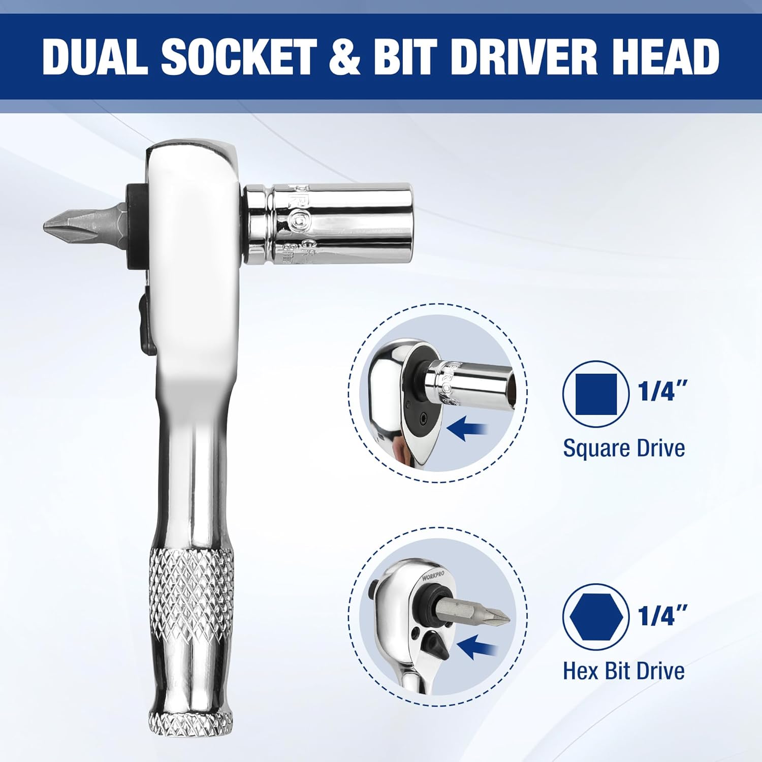 Dual-socket stubby ratchet driver head with 1/4 square drive and hex bit drive
