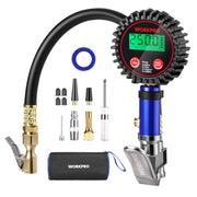 Digital tire pressure gauge kit with inflator attachments and blue storage cylinder