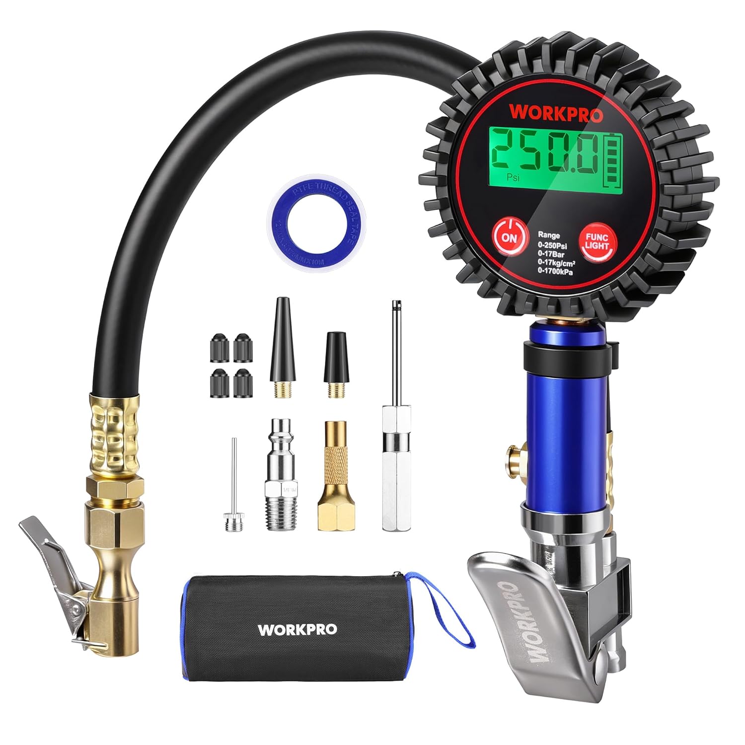 Digital tire pressure gauge kit with inflator attachments and blue storage cylinder