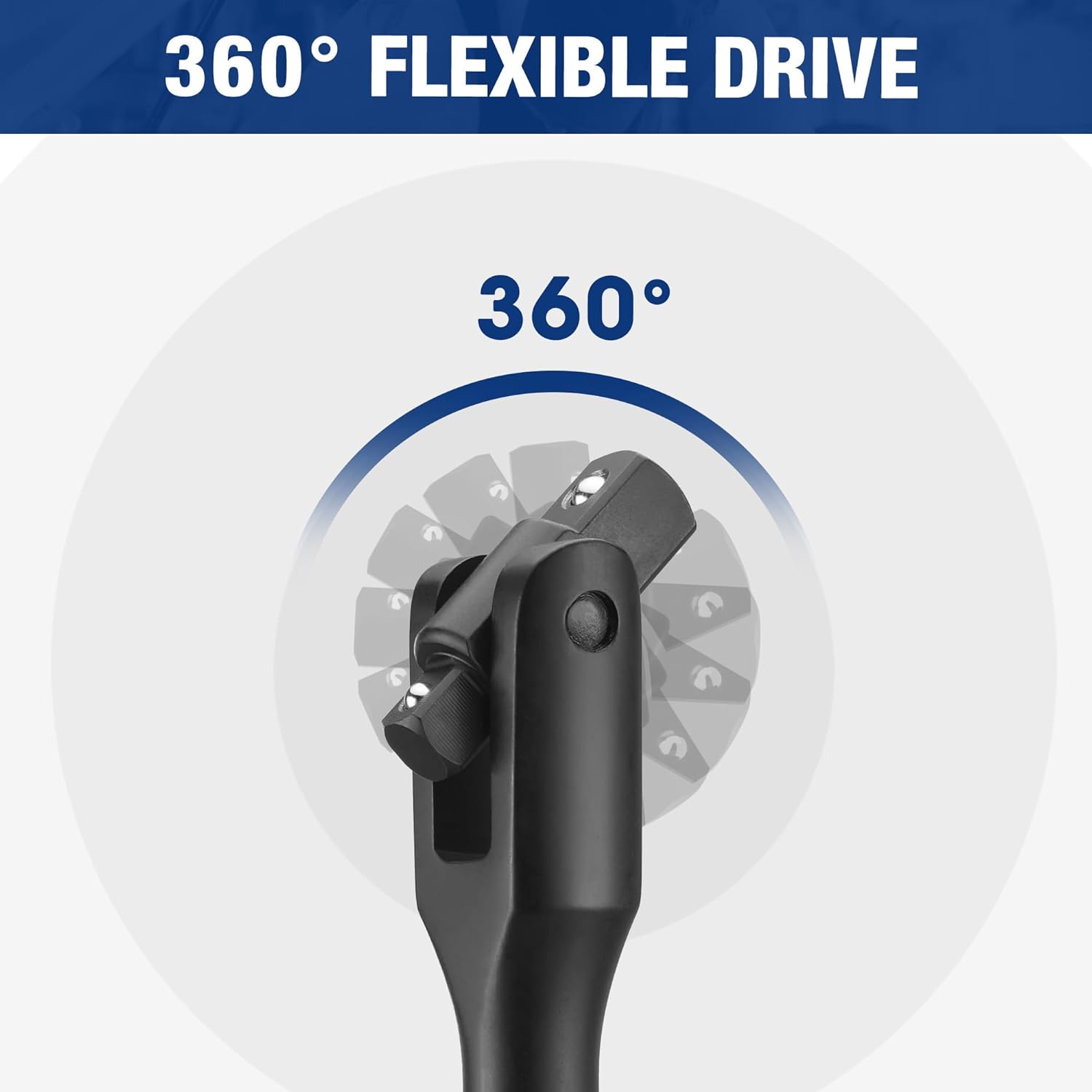 360° flexible drive breaker bar head with black handle and pivot action