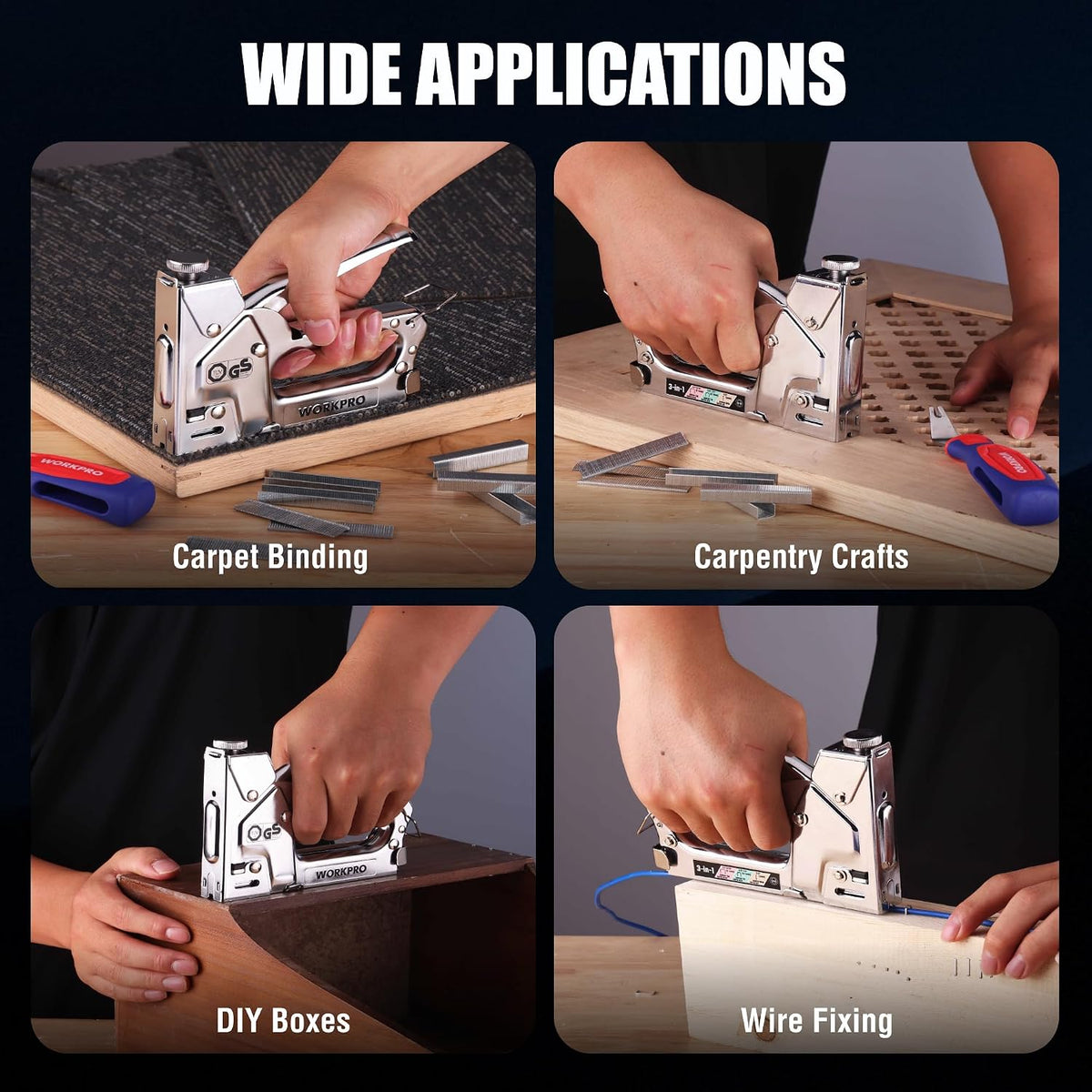 Manual staple gun used for carpet binding, carpentry crafts, DIY boxes, and wire fixing