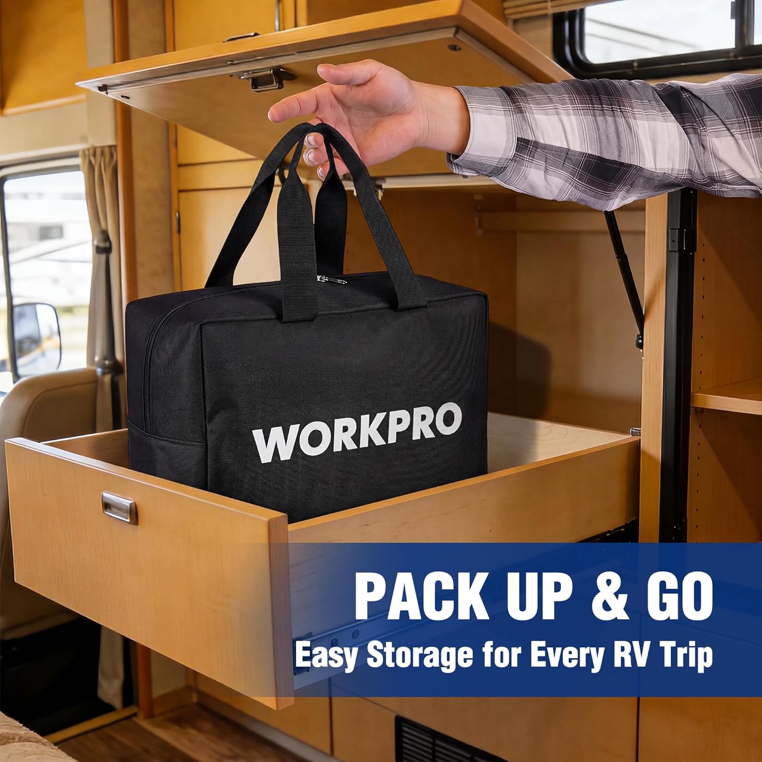 Black WORKPRO carry bag with handles, stored in RV cabinet drawer