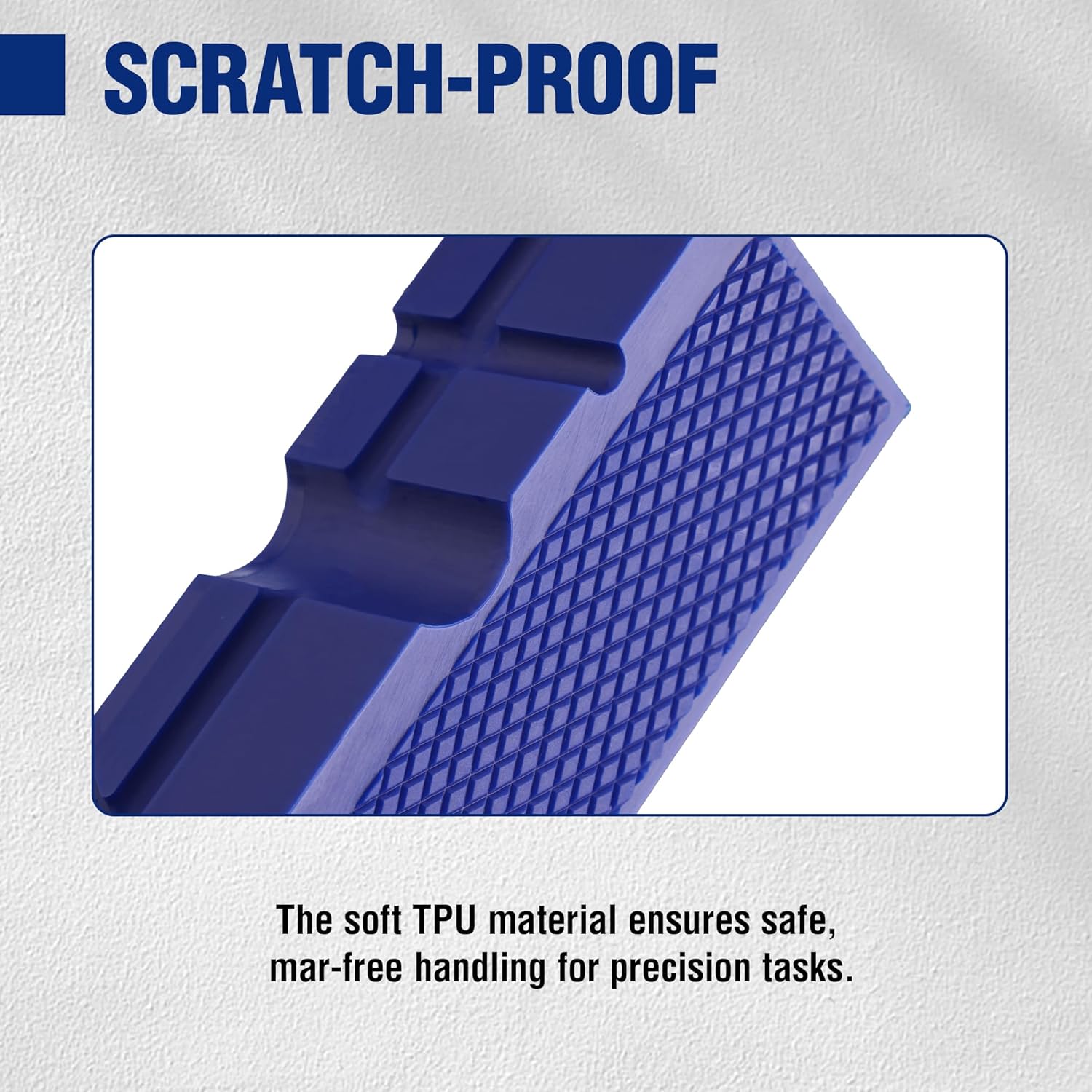 Blue TPU vise jaw pad with textured grid grip surface for scratch-resistant handling