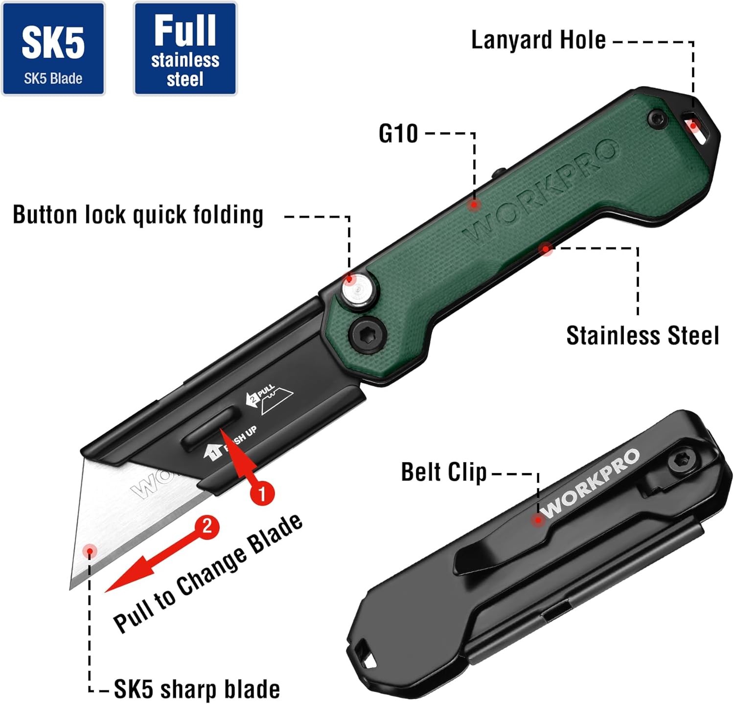 WORKPRO folding utility knife in hand; shows belt clip and button lock