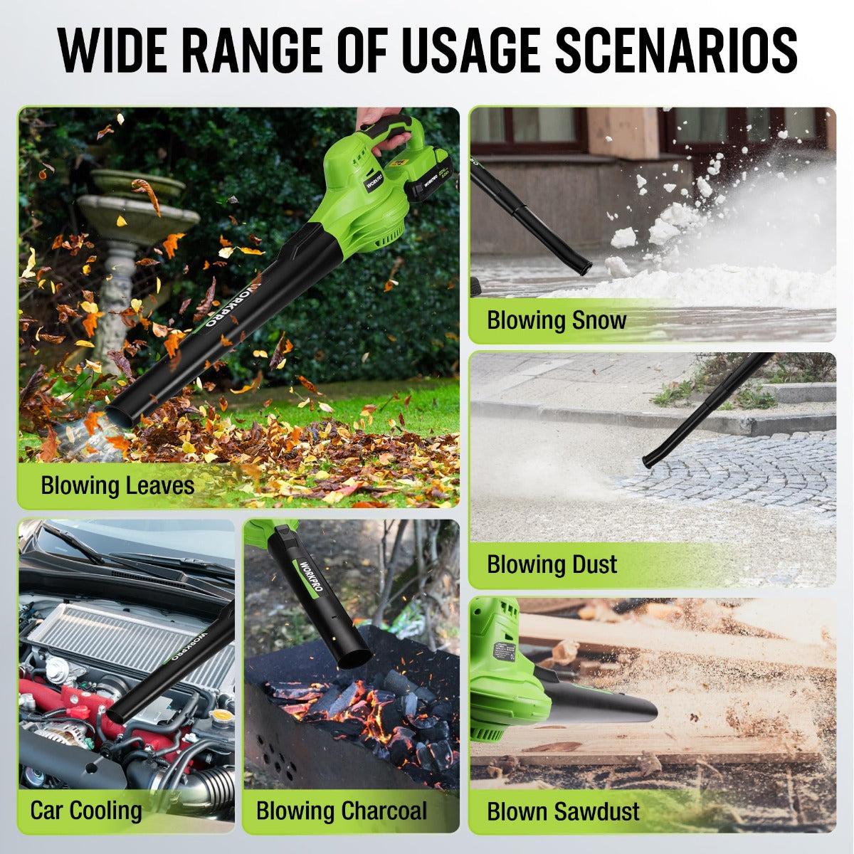 Green cordless leaf blower with blower tube displayed across multiple use scenes