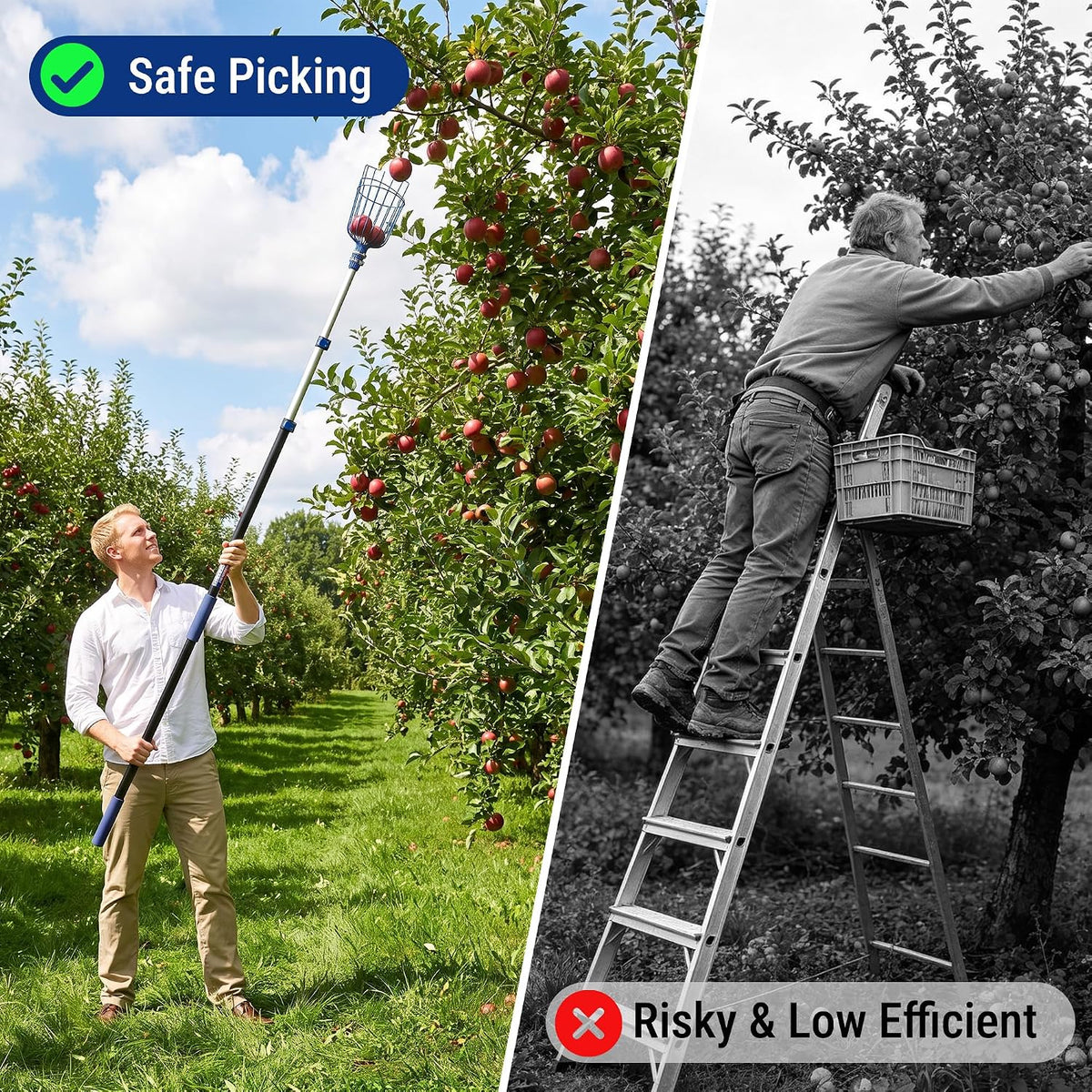Workpro telescoping fruit picker tool with basket for orchard, blue and silver aluminum alloy pole with 0.75 mm thick walls.