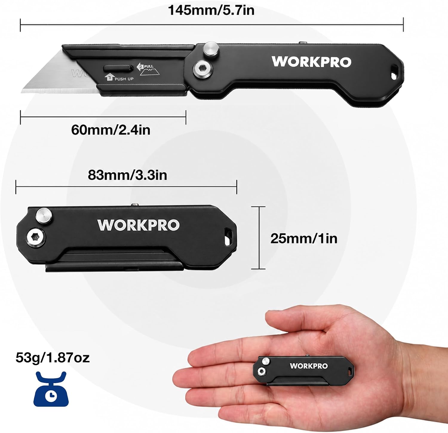 WORKPRO mini folding utility knife with belt clip and measured dimensions, held in hand