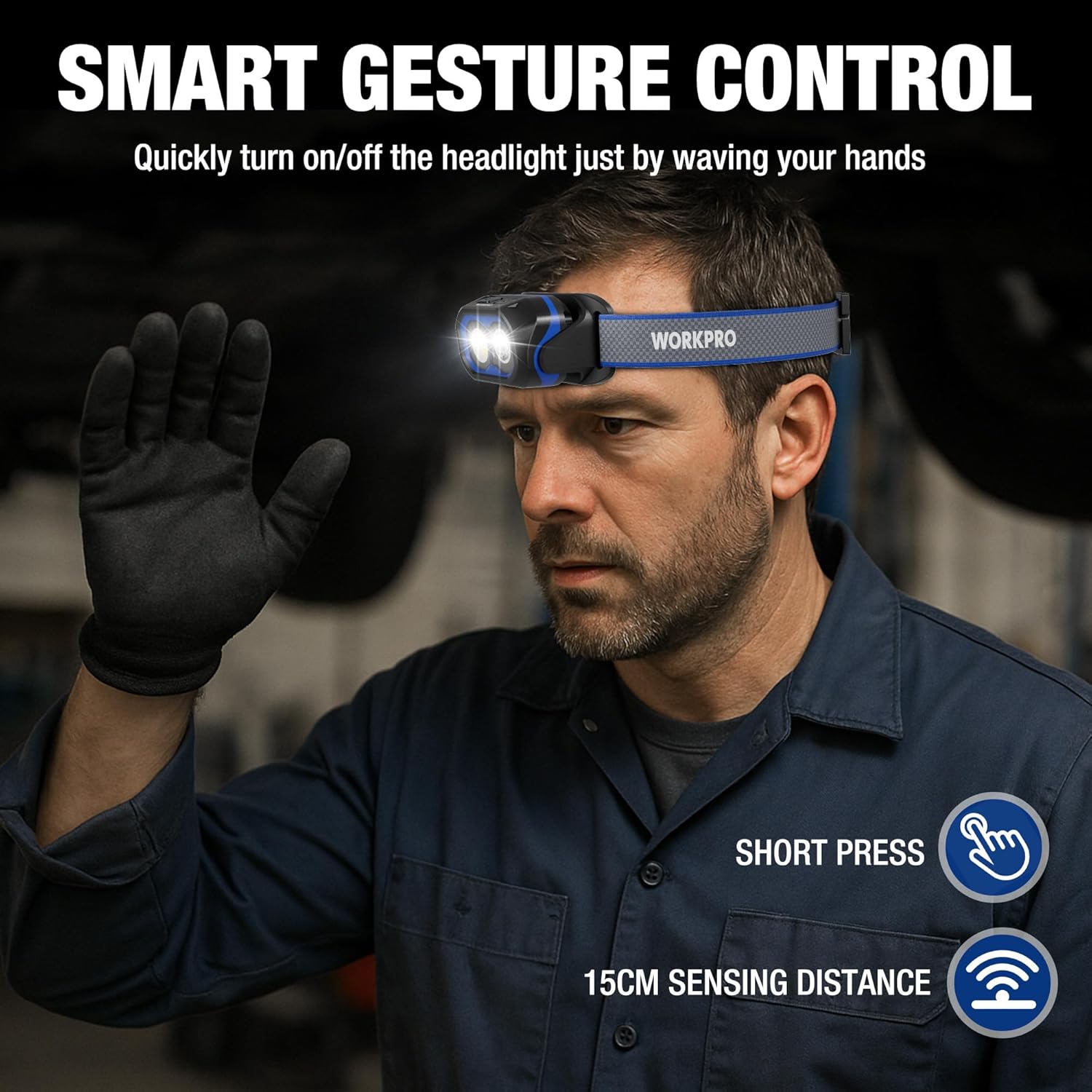 Rechargeable headlamp on a person with an active white LED, blue strap and hand raised.