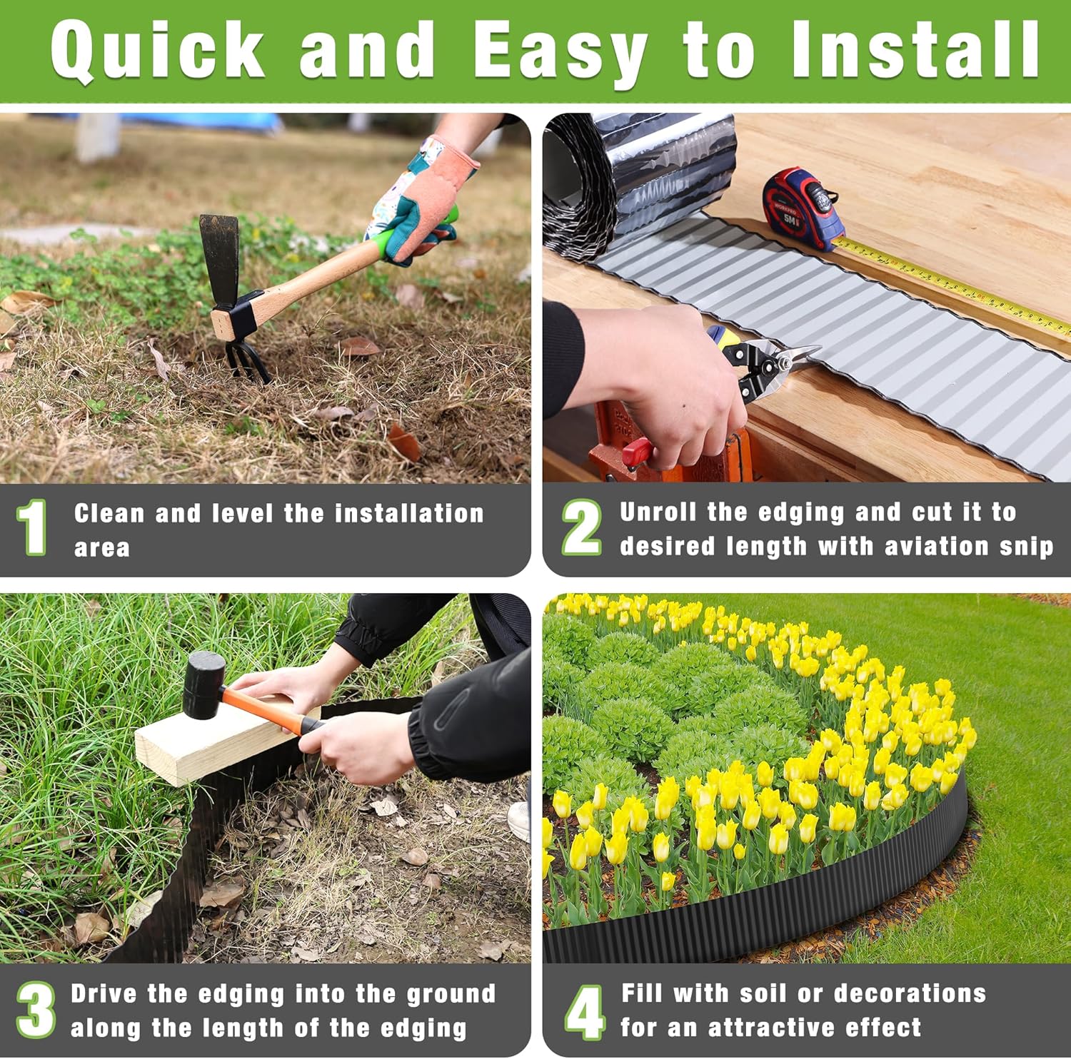 Black corrugated edging being installed along a lawn border with tools and cut length.
