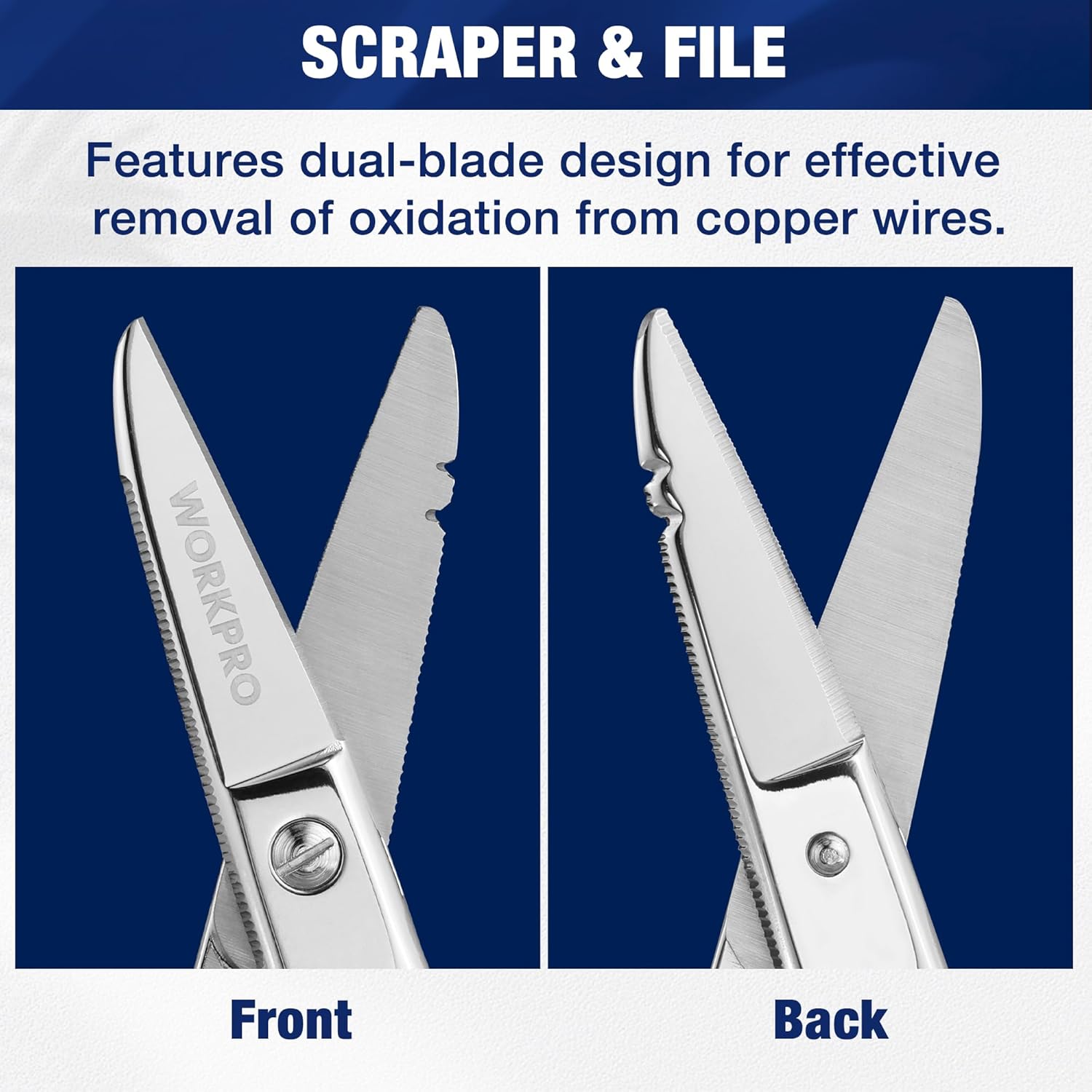 WORKPRO electrician scissors, dual-blade scraper and file surfaces on both sides.