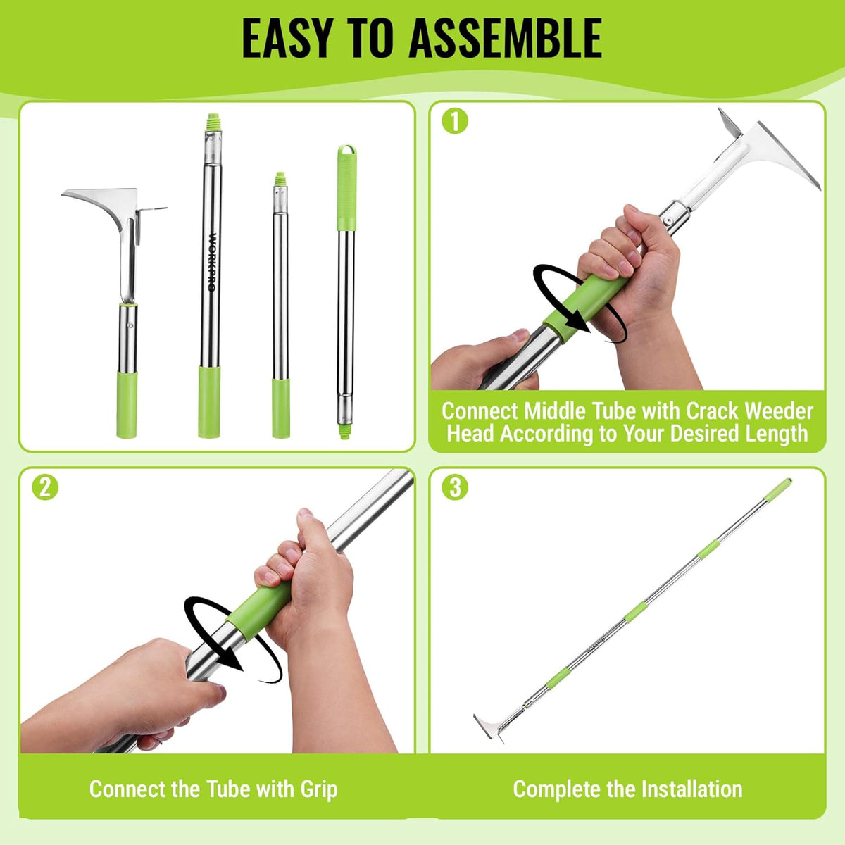 Telescoping weeding tool components for easy assembly: tubes and crack weeder head