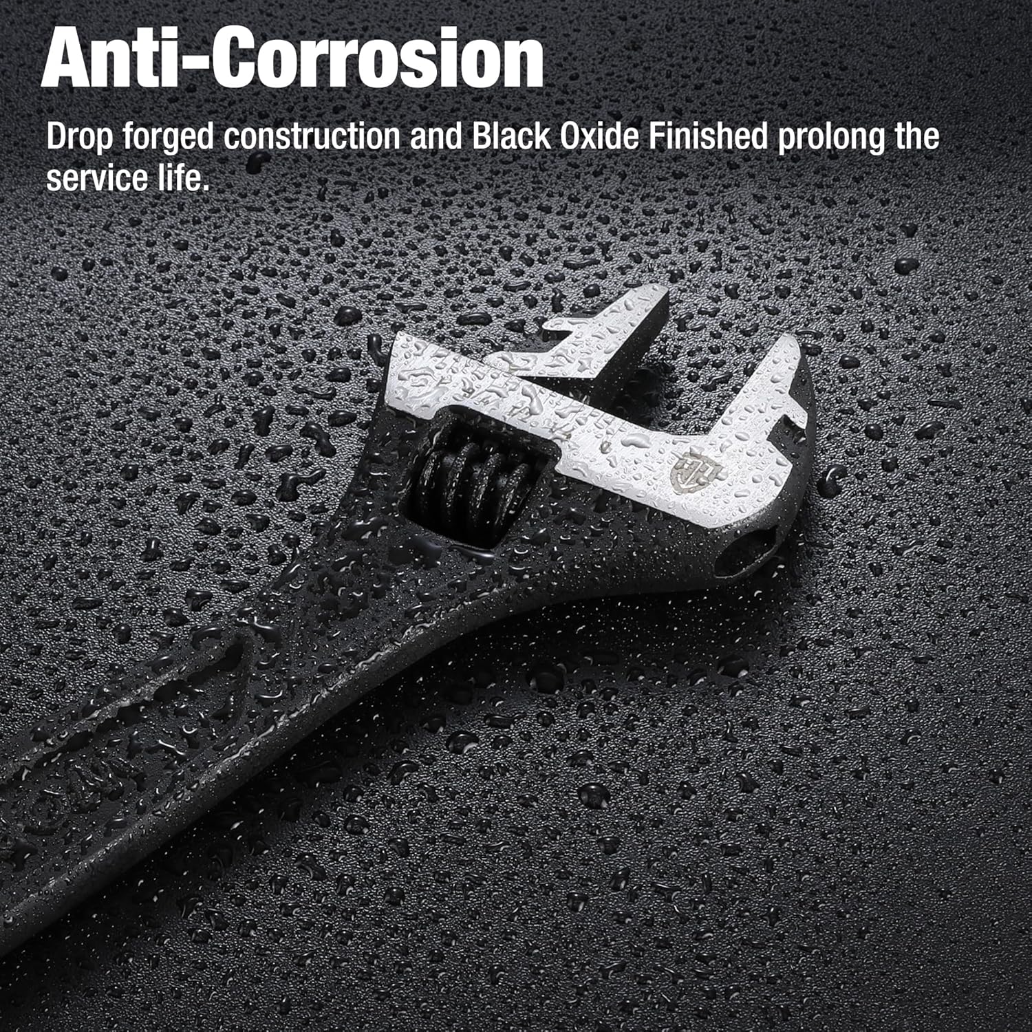 Black oxide adjustable wrench with anti-corrosion finish on metal head