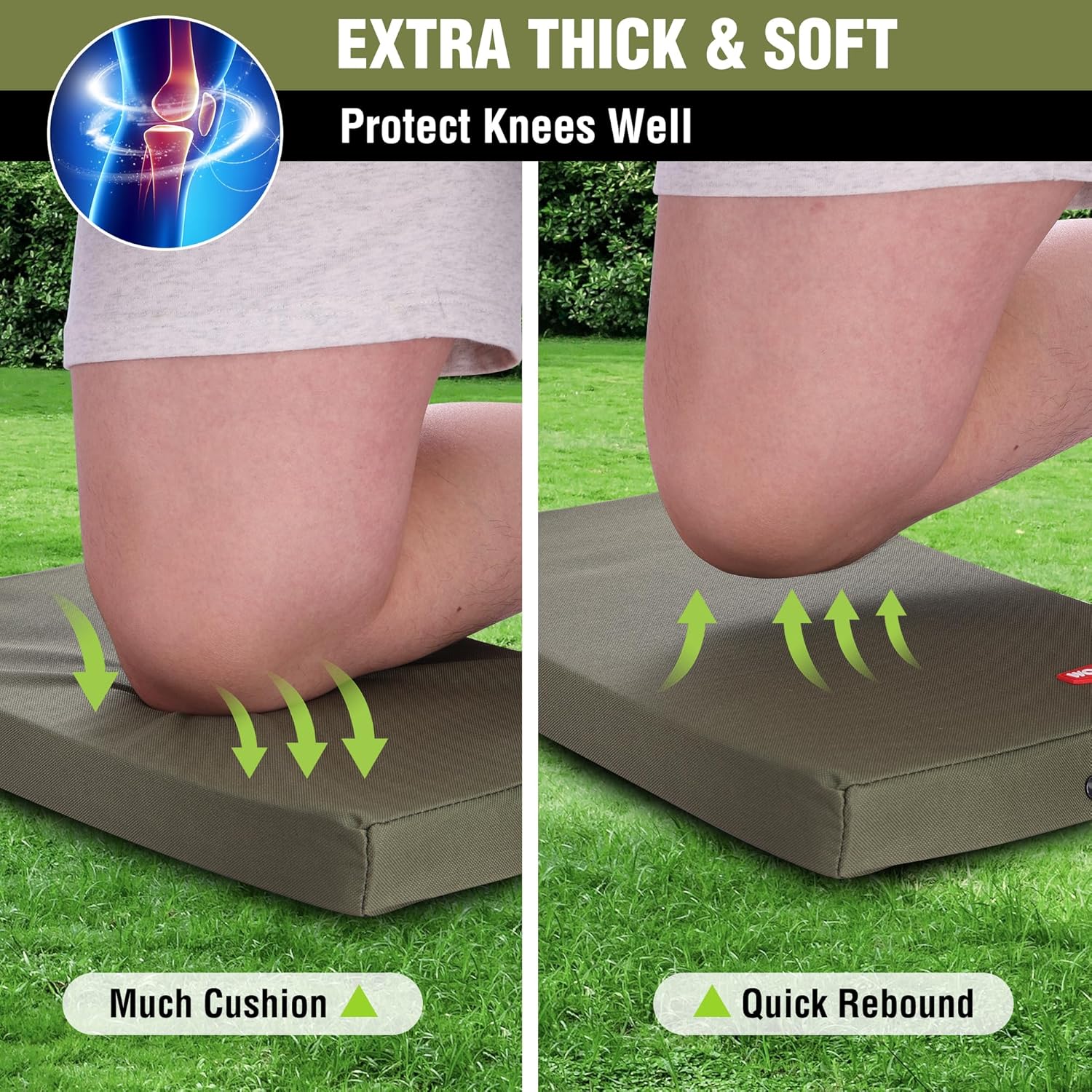 Green kneeling pad under knees outdoors for soft cushioning while kneeling.