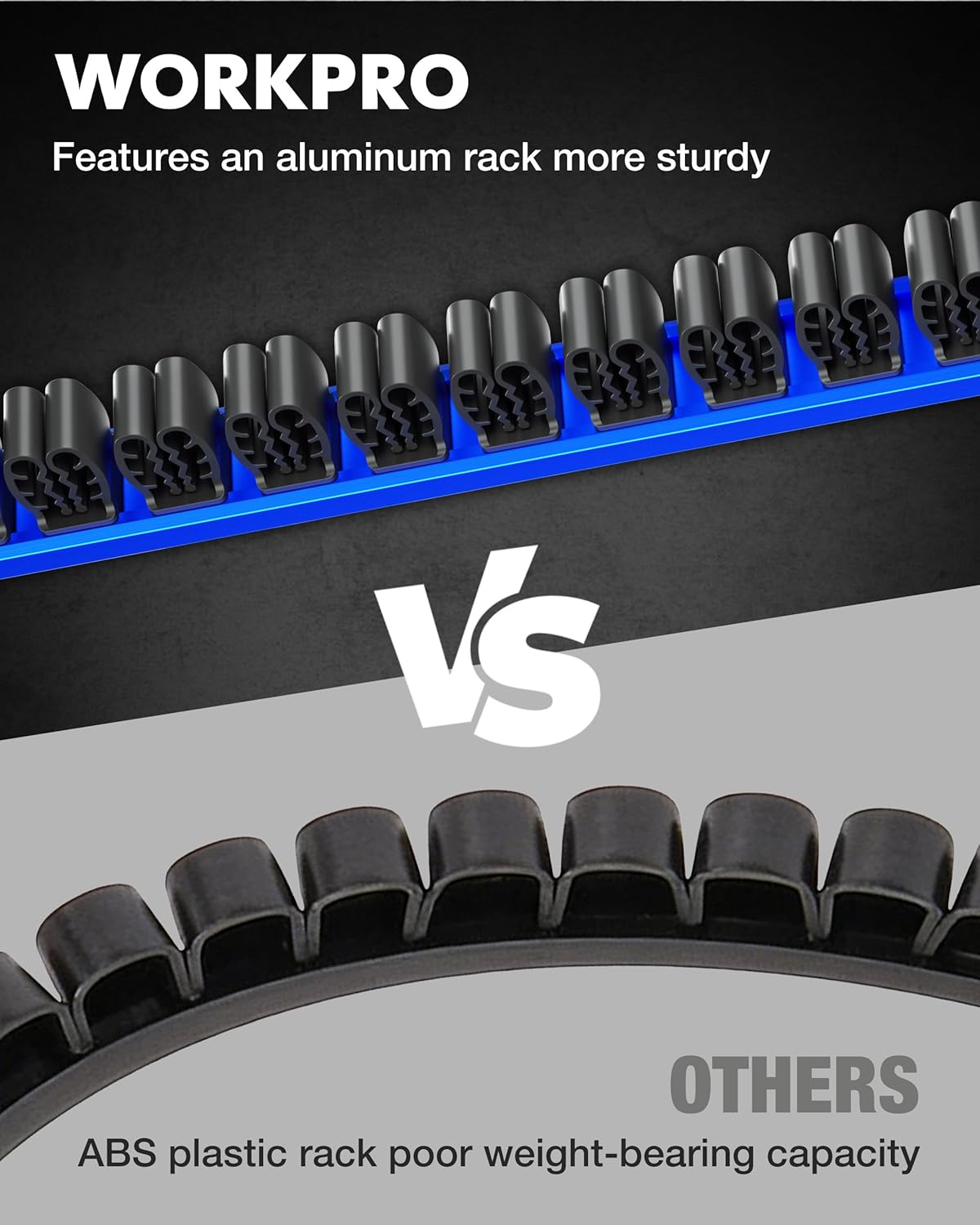 Blue aluminum magnetic rack with black holders for screwdrivers and wrenches