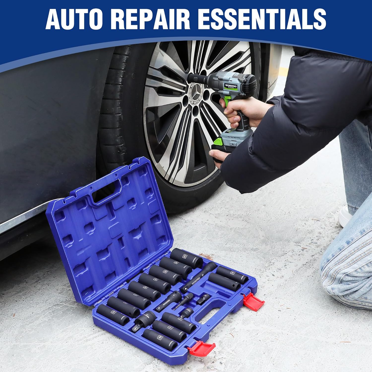 WORKPRO auto repair socket set in blue case with foam layout for deep metric sockets