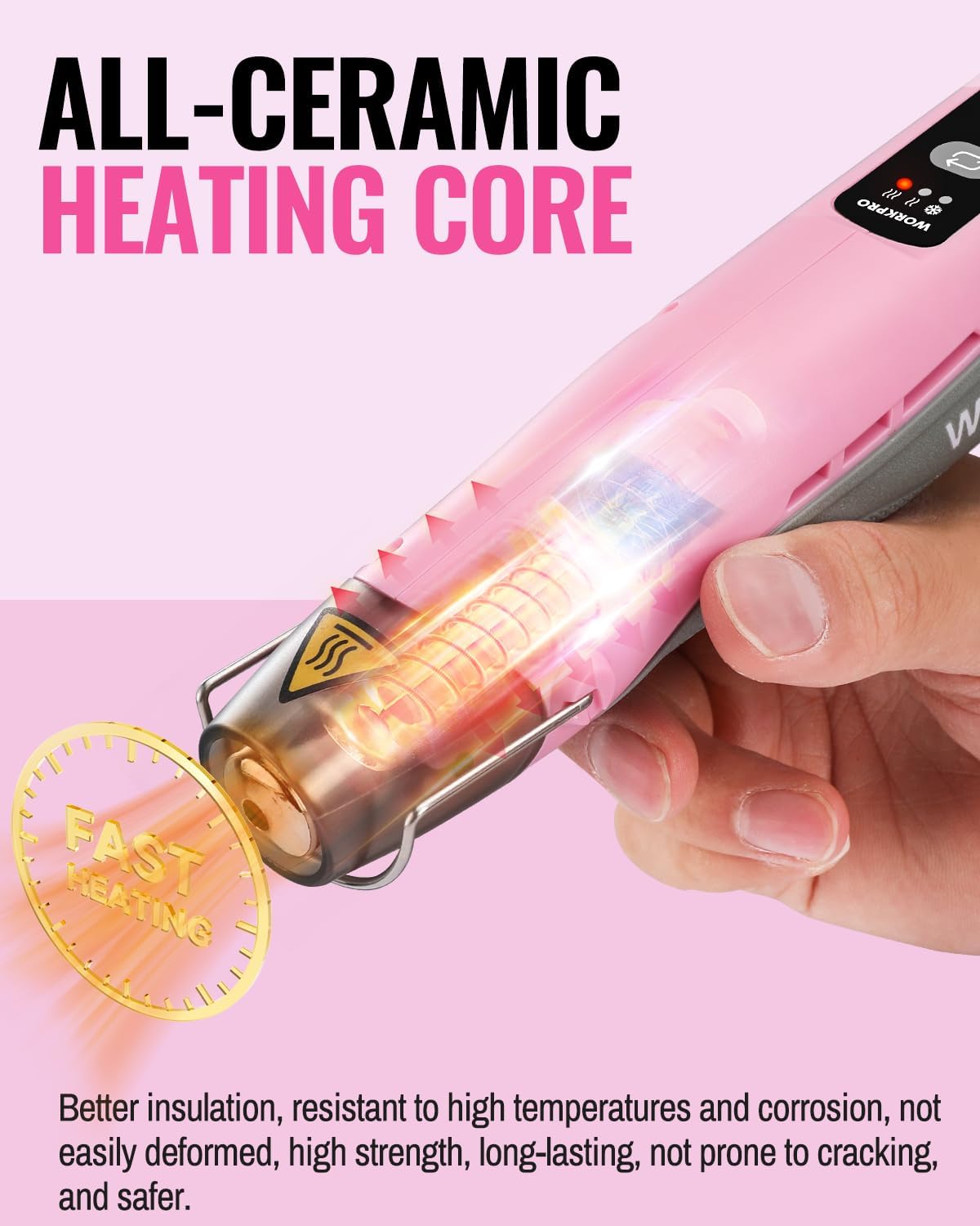 Pink mini cordless heat gun highlighting all-ceramic heating core near the barrel