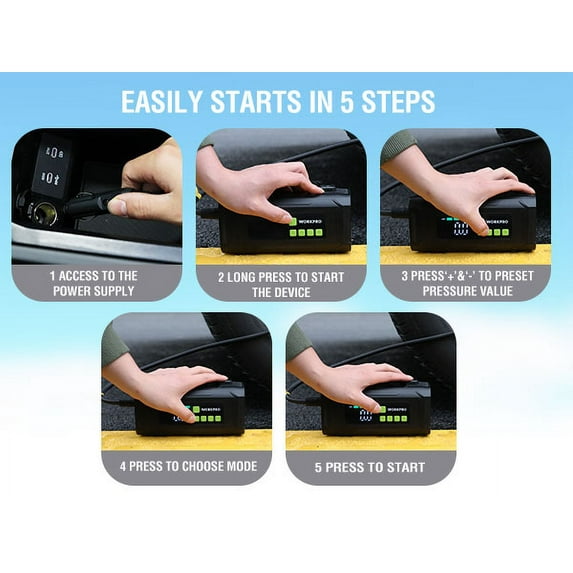 WORKPRO tire inflator control panel with digital display and multi-button settings