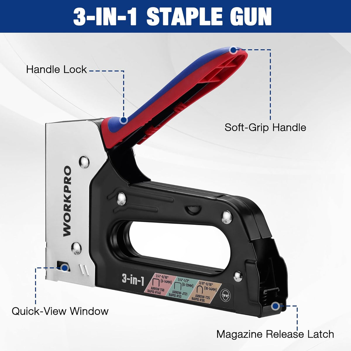 3-in-1 staple gun with quick-view window, handle lock, and magazine release latch