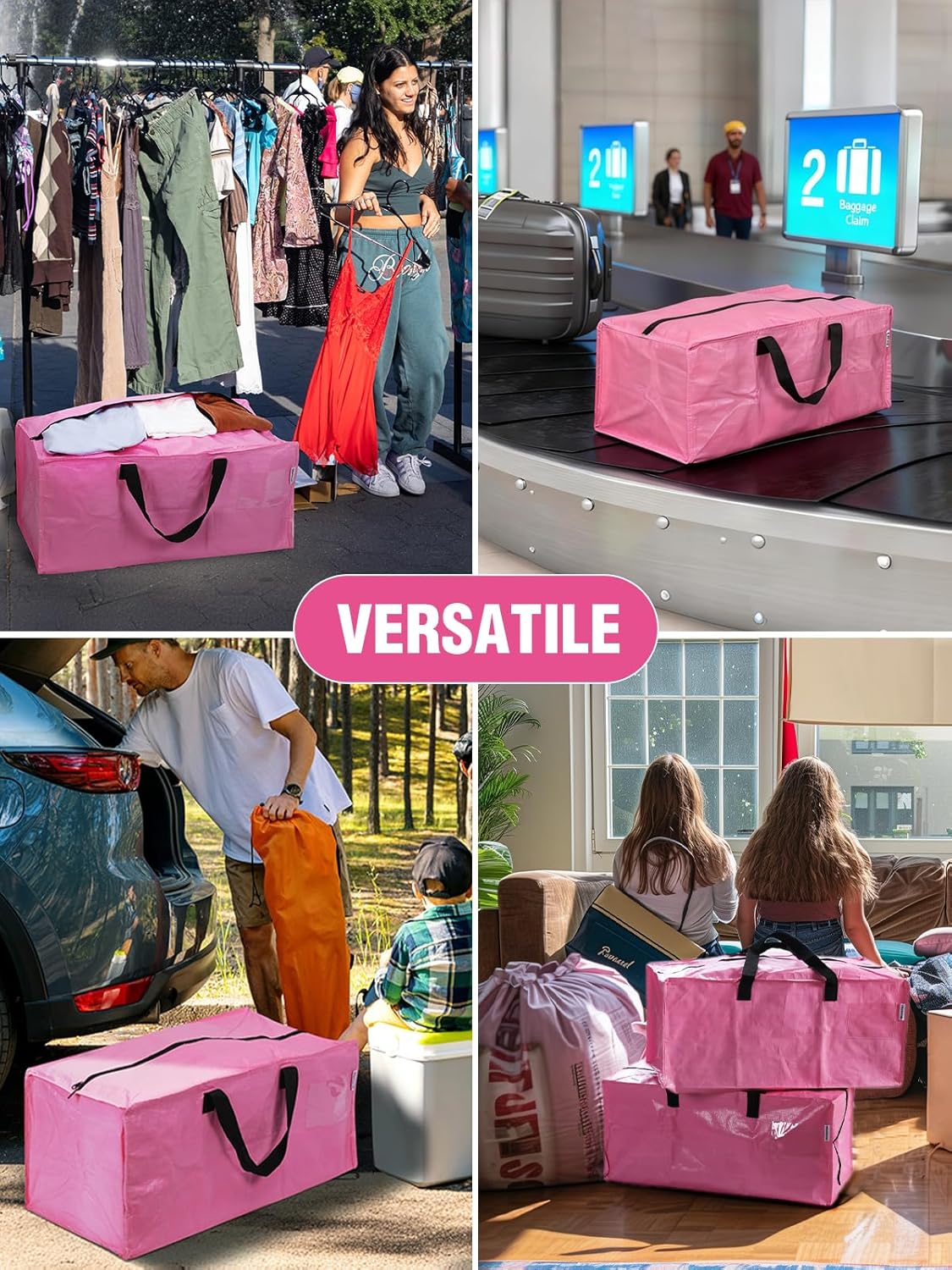 Pink versatile storage tote bag with black handles, shown on an event floor.