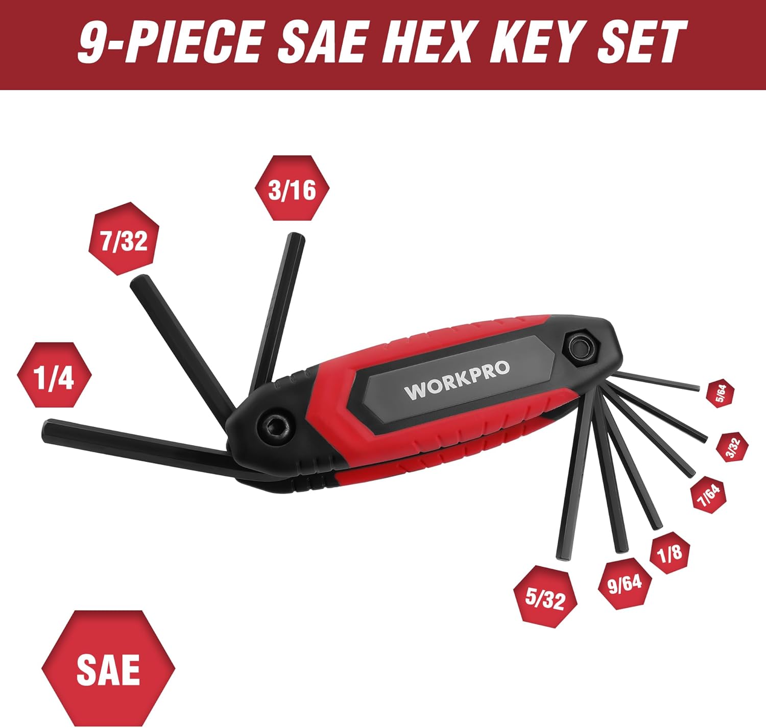 WORKPRO 9-piece SAE folding hex key set with red and black key holder