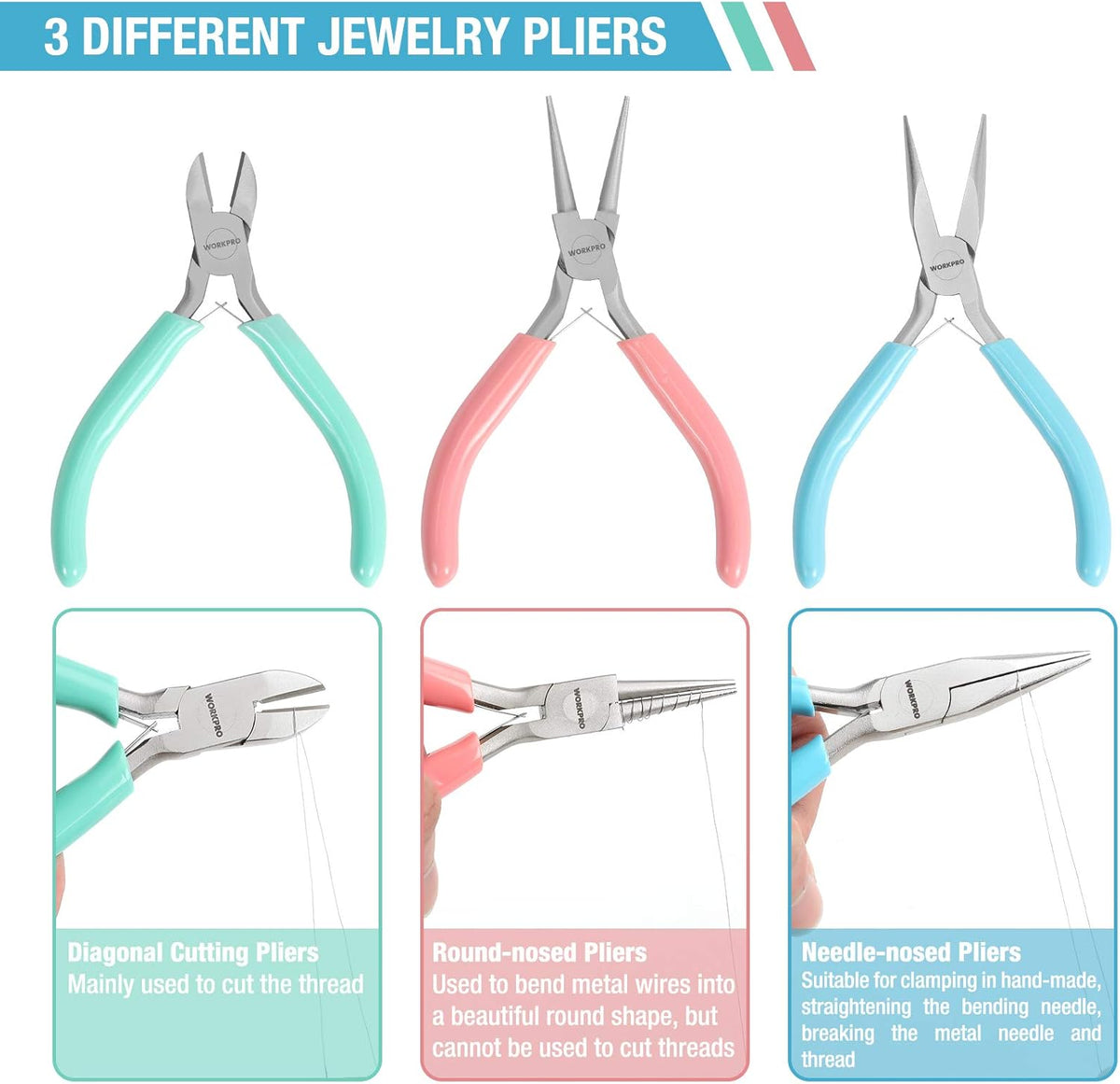 Set of three jewelry pliers with teal, pink, and light blue handles