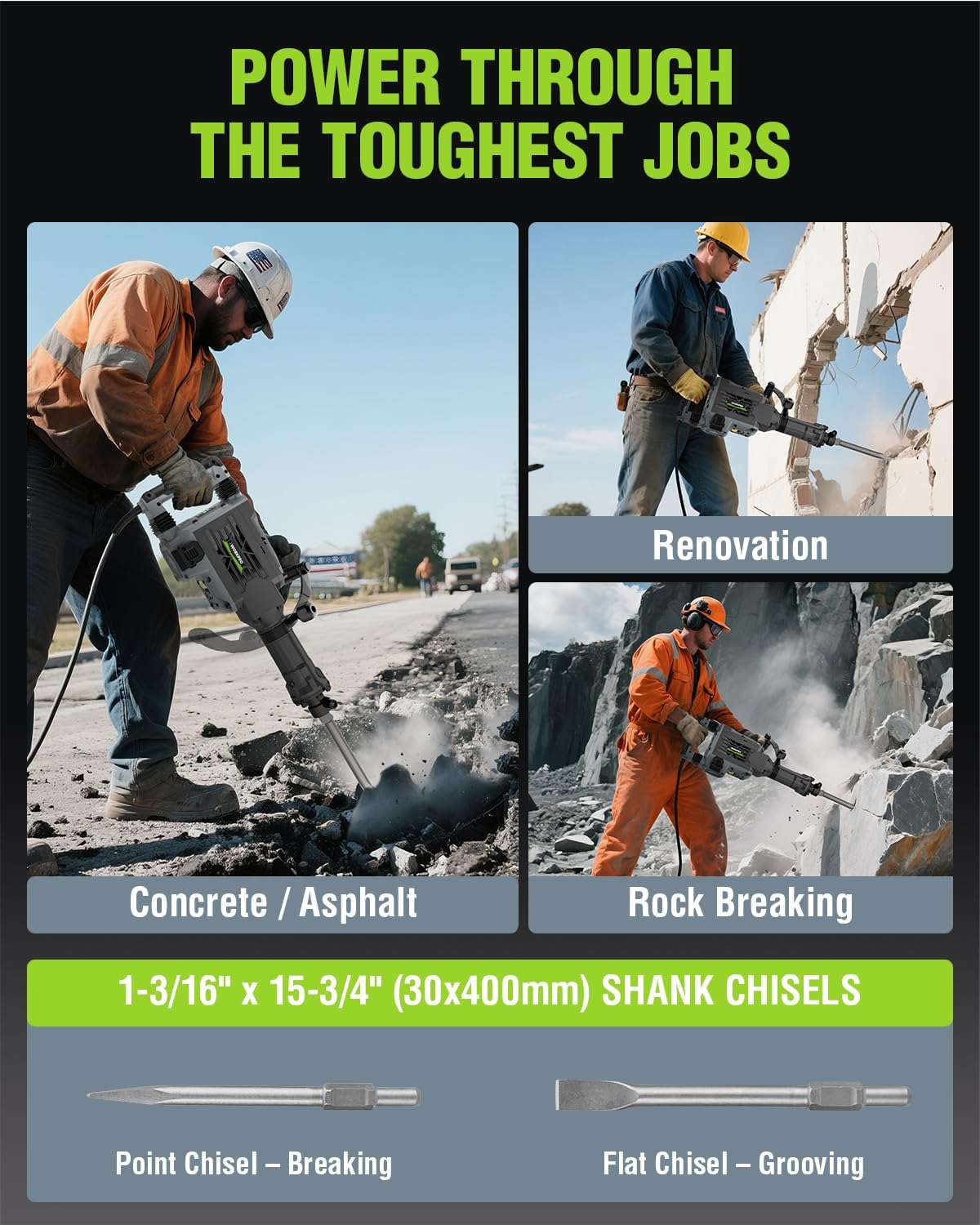 Demolition jackhammer with shank chisels for concrete/asphalt and rock breaking