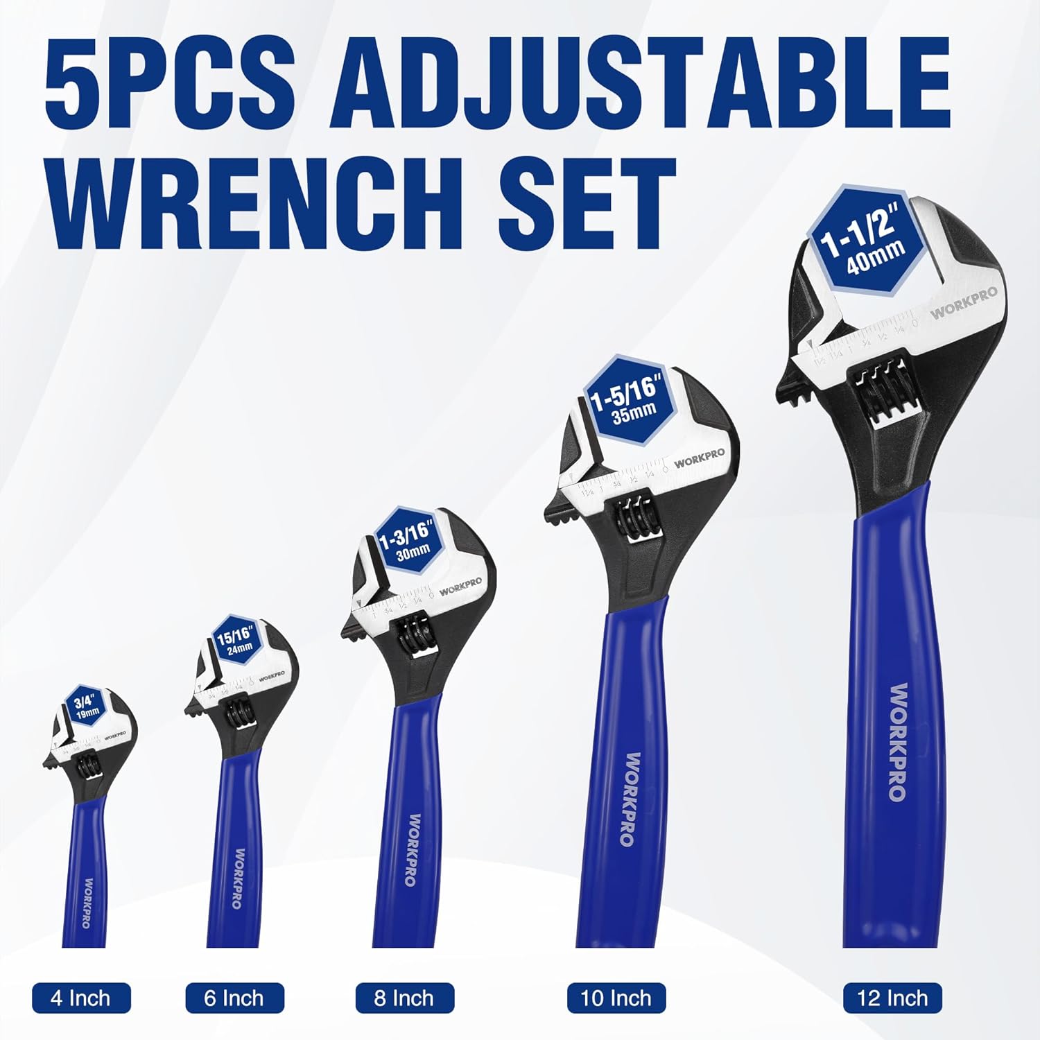Five adjustable wrenches with blue handles and black jaws, size markings included