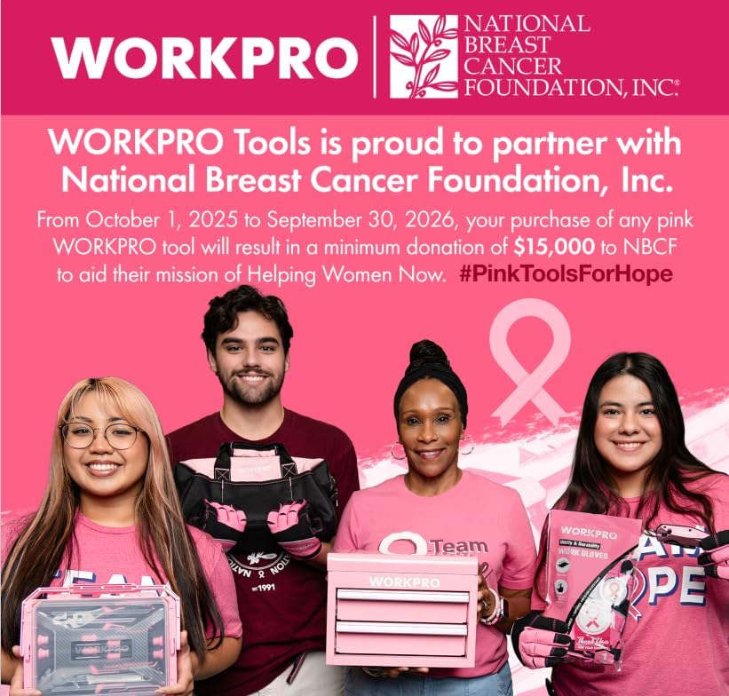 WORKPRO pink tools promotional group photo with stackable box and drill accessories