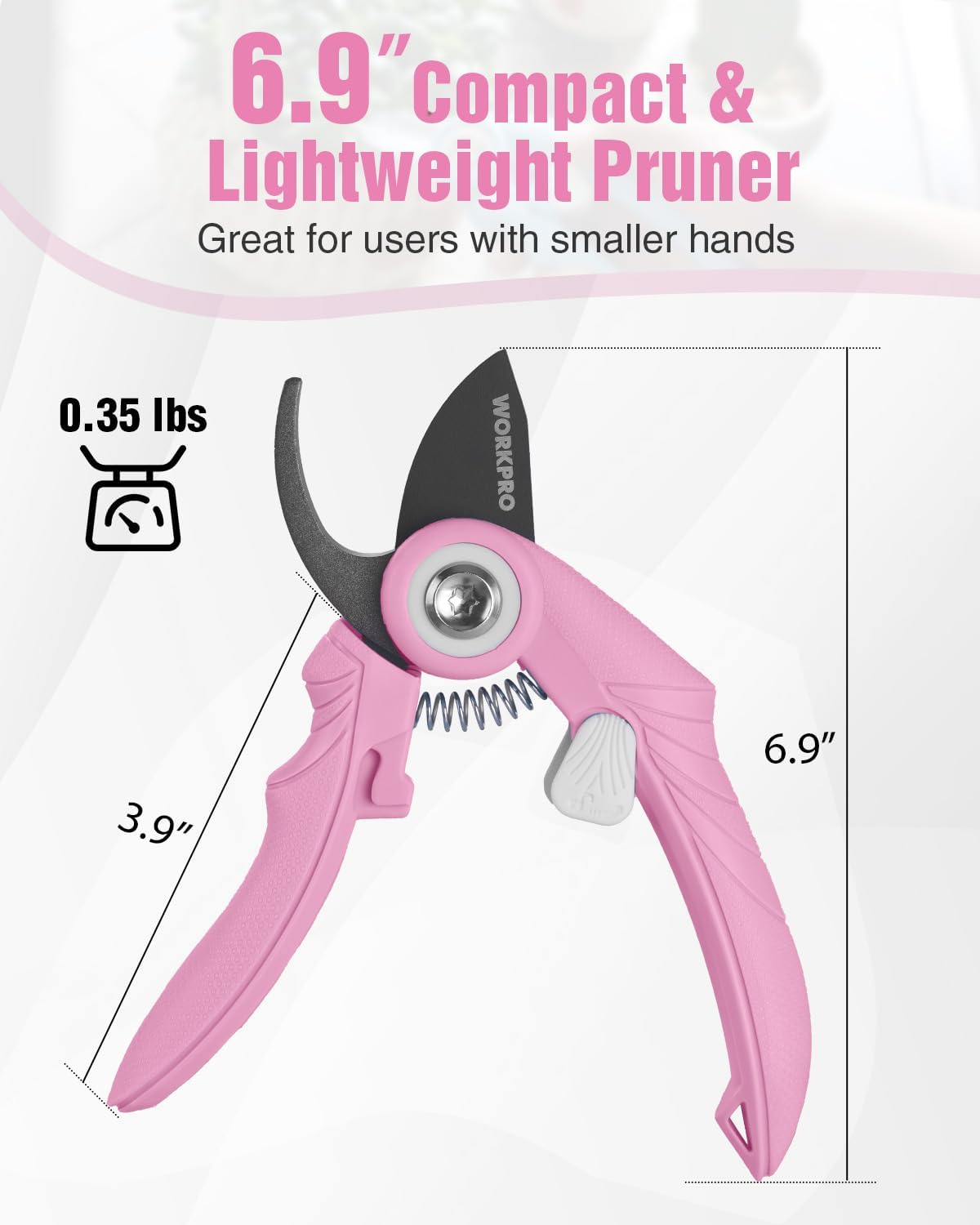 WORKPRO compact pruning shears, pink handles with curved black blades and thumb lever