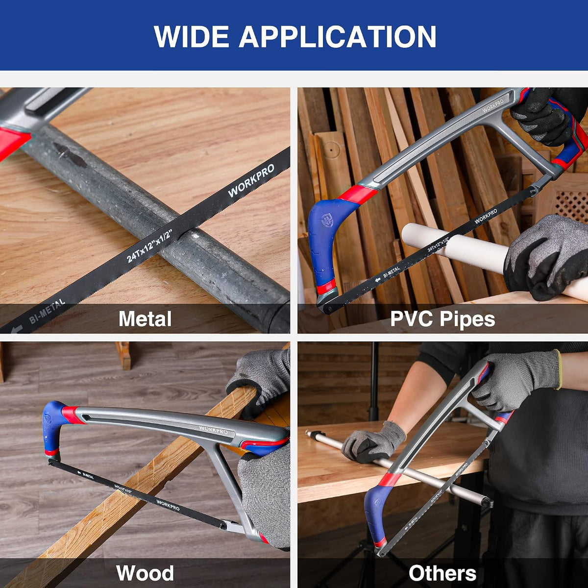 WORKPRO 12-inch Hacksaw with Extra 2 Bi-Metal Saw Blades, Heavy Duty Adjustable 45/90 Angle Saw for Metal, Wood, PVC Pipes