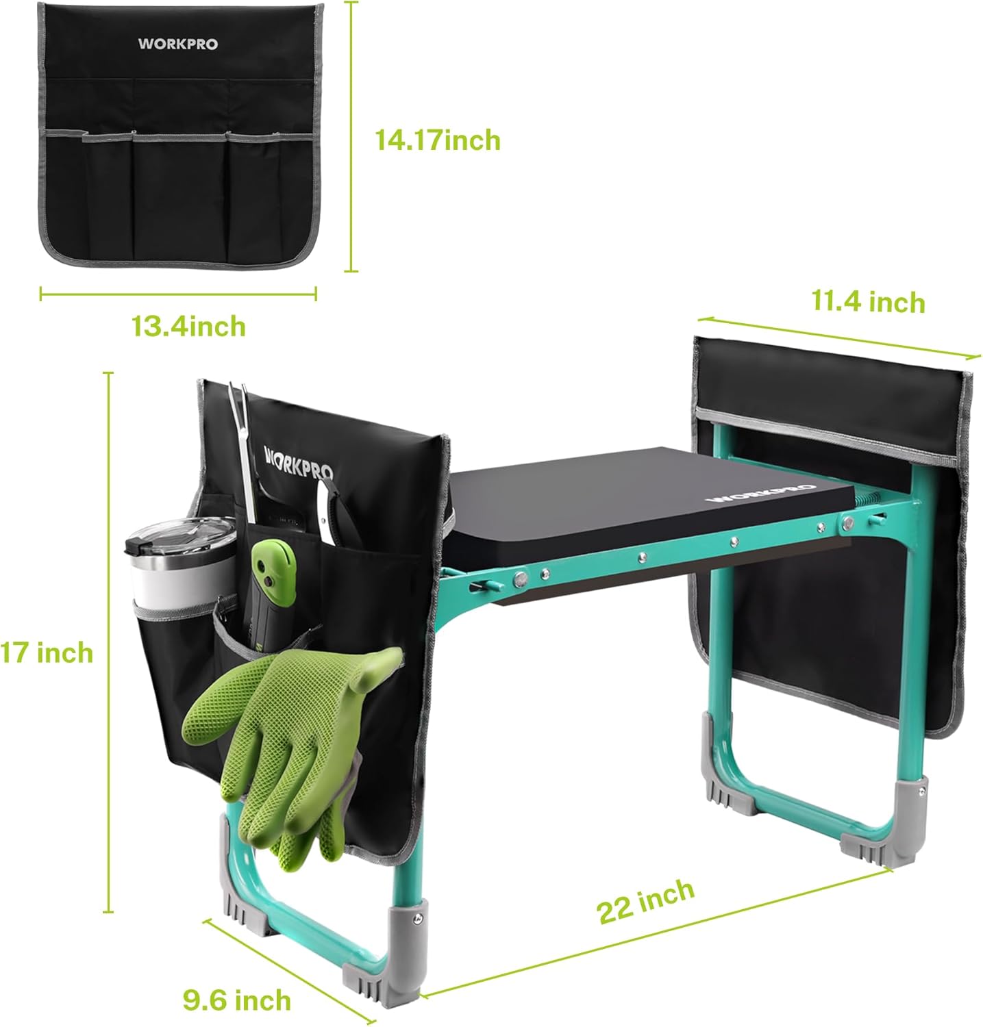 Black tool pouch panel with multiple pockets for foldable garden kneeler stool