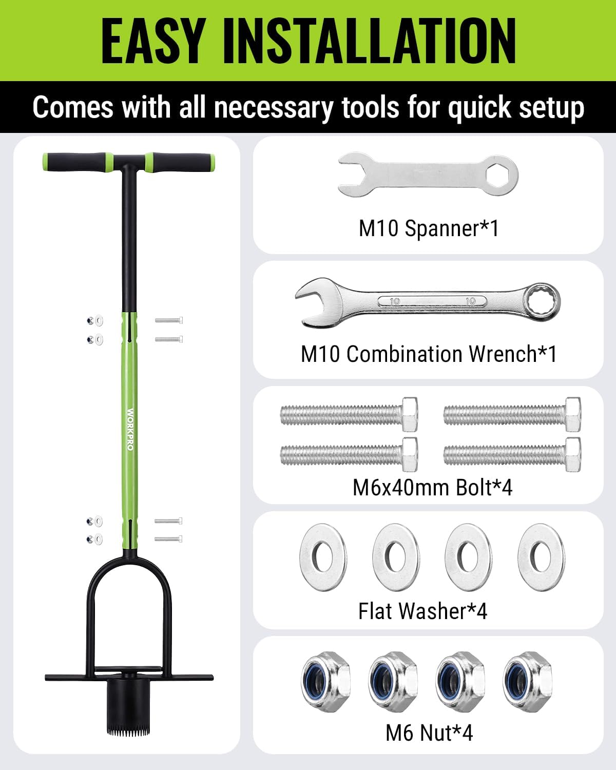 Bulb planter tool kit with long handle, spanner, wrench, bolts, washers, and nuts