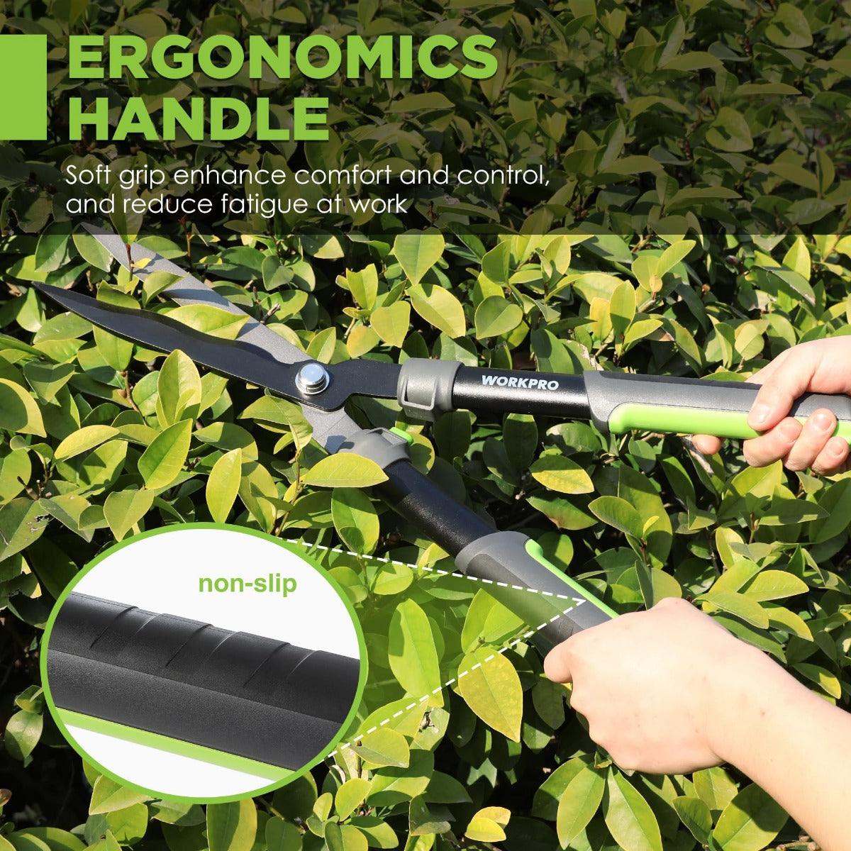 Manual hedge trimmer with ergonomic non-slip handle and green accents