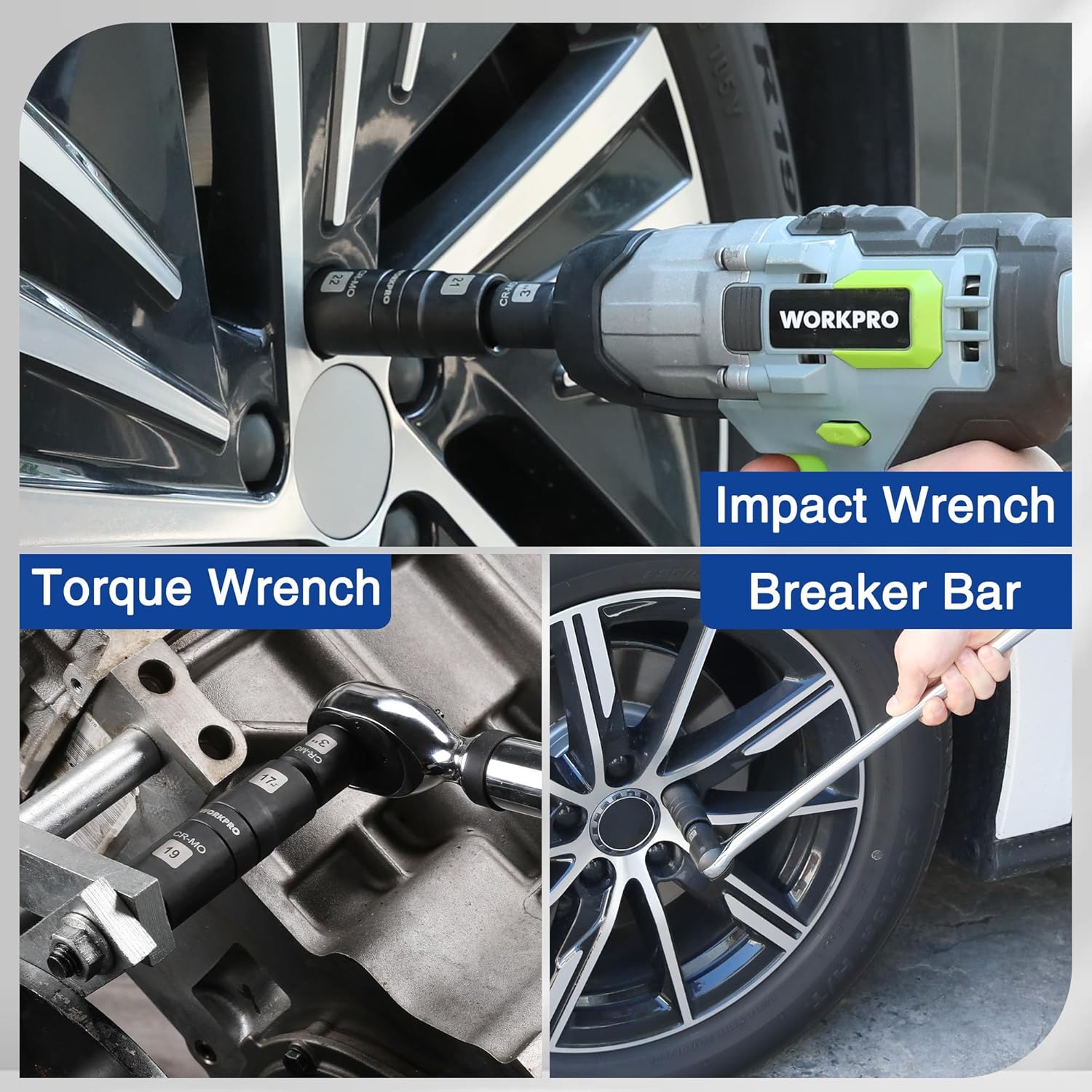 CR-Mo socket set used on wheel lugs with impact wrench, breaker bar, and torque wrench