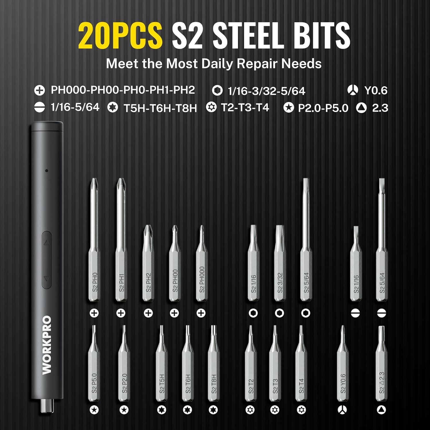 20-piece S2 steel bit set with screwdriver handle, assorted metal tips