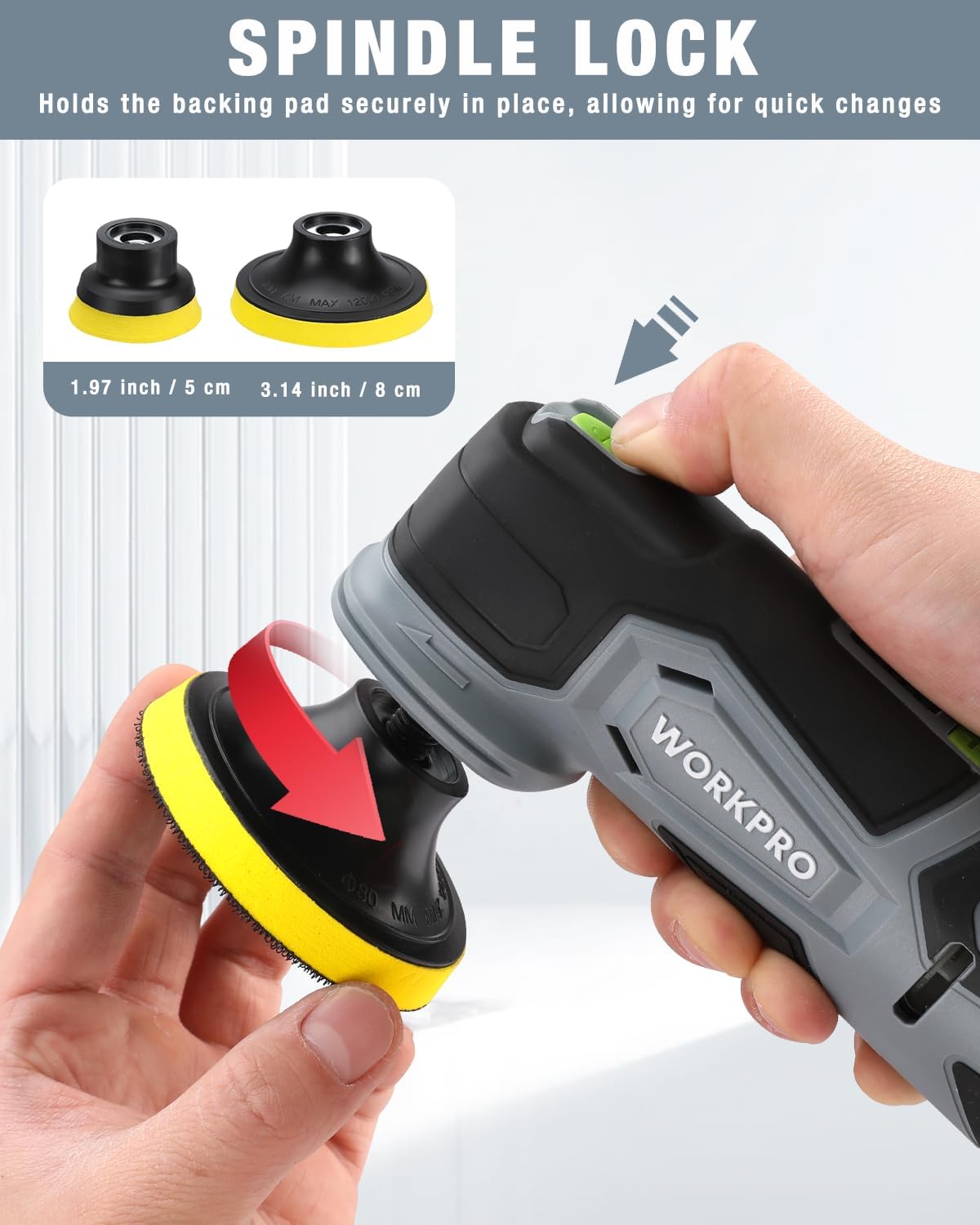 Cordless buffer polisher with spindle lock for quick pad changes and yellow backing pad
