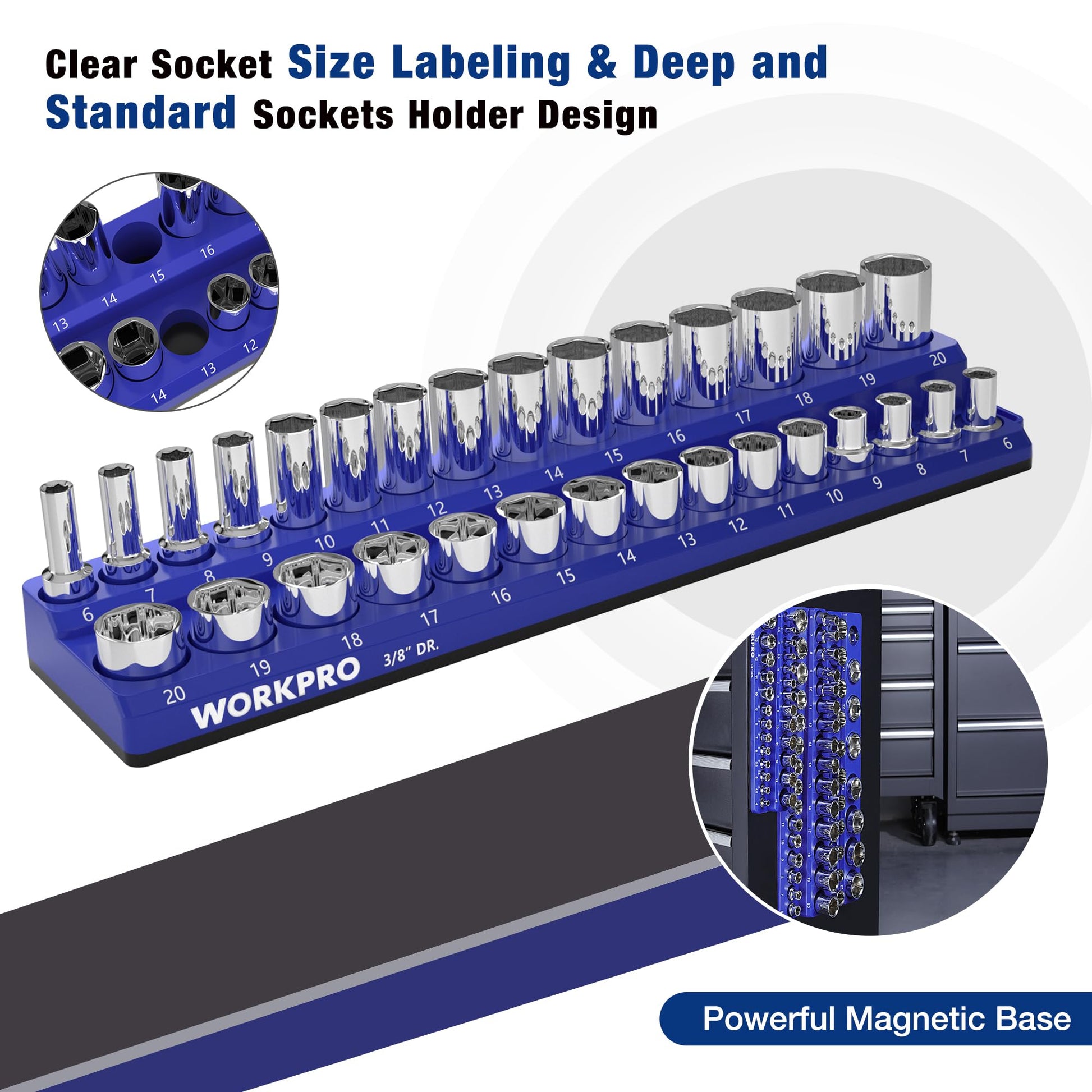 Blue magnetic socket organizer base with chrome sockets labeled by size