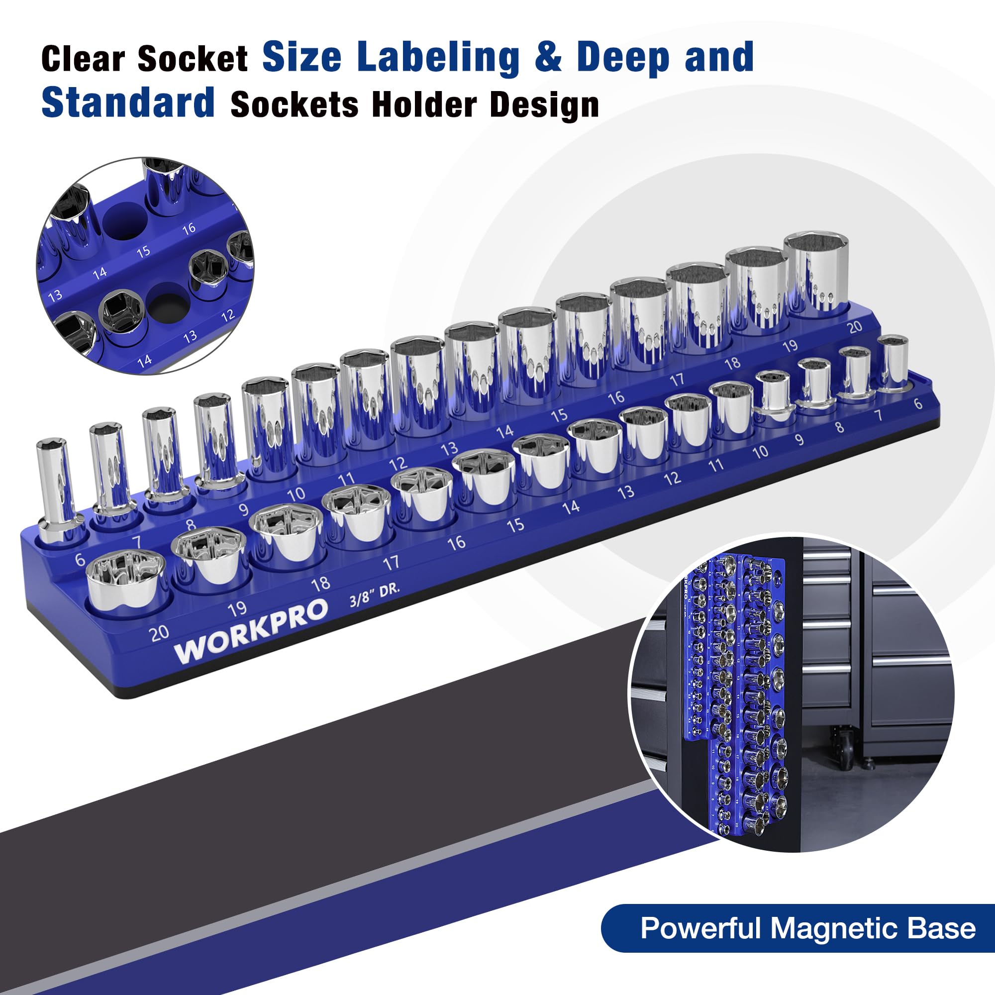 Blue magnetic socket organizer base with chrome sockets labeled by size