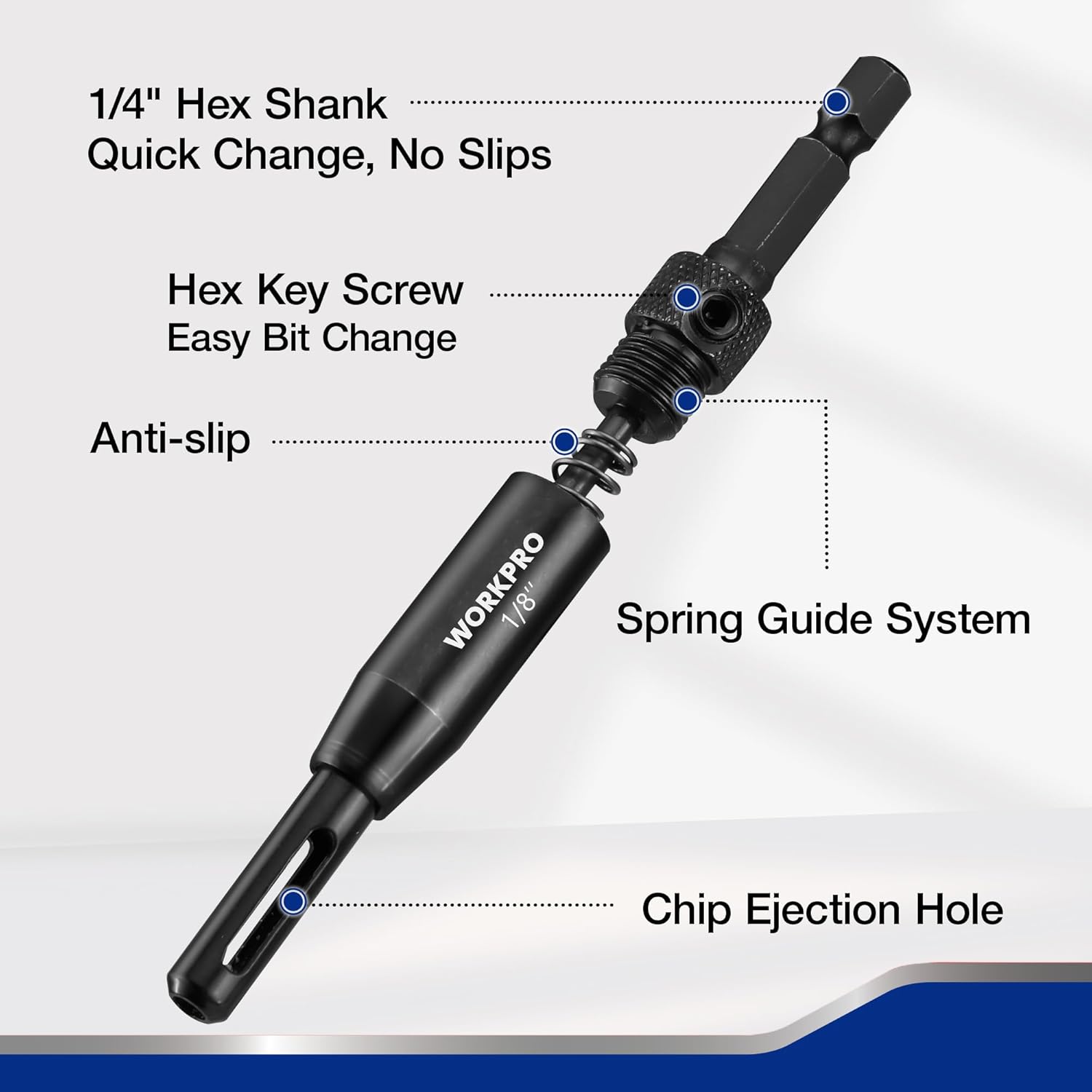 Self-centering drill bit with 1/4 in hex shank, anti-slip, and chip-ejection hole
