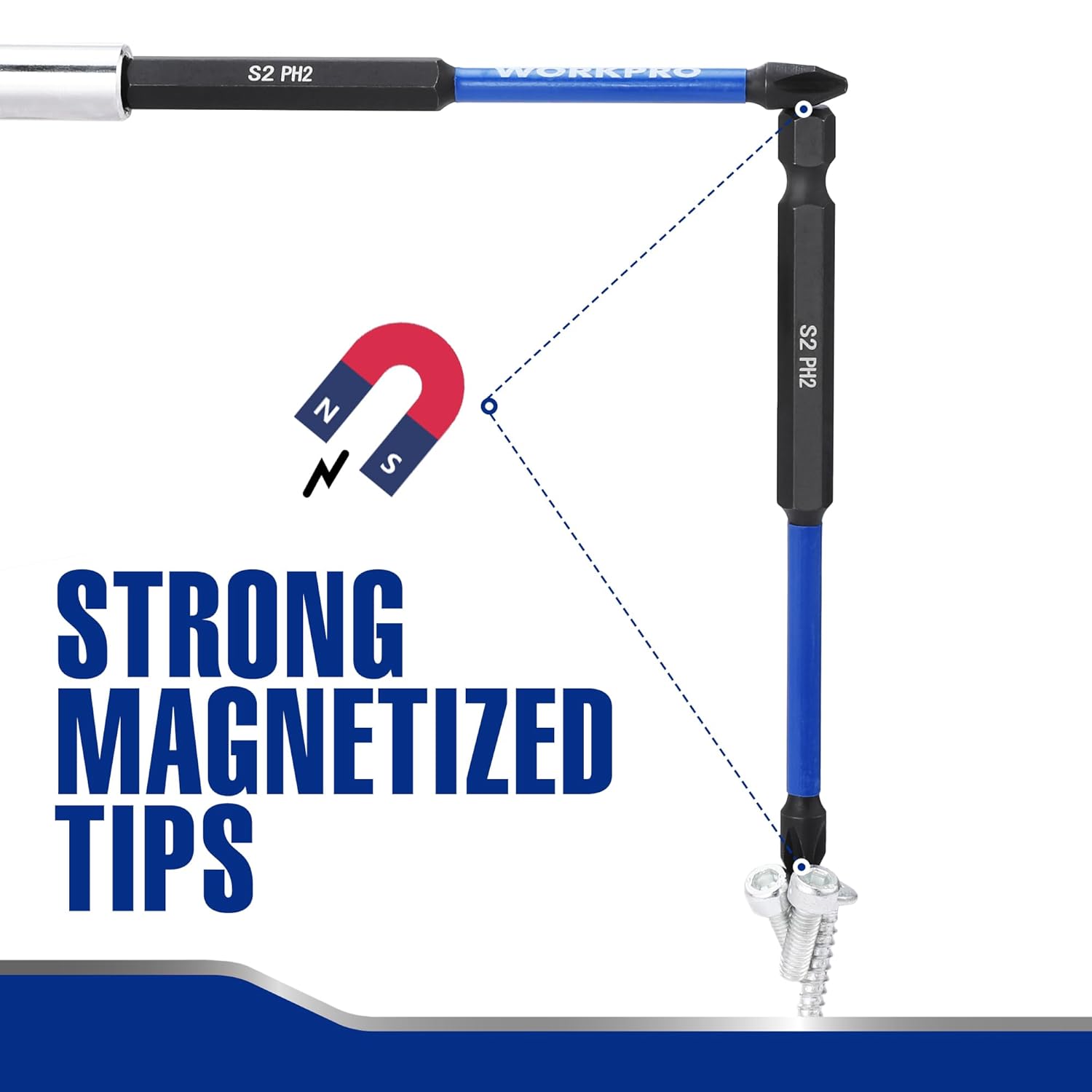 WORKPRO S2 PH2 impact Phillips bit, blue shaft, magnetized tip, 1/4 in hex shank